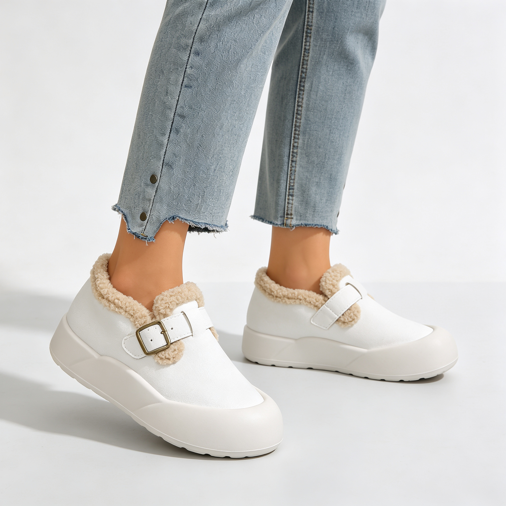 Women’s Fleece Lined Platform Loafers, Buckle Decor Warm Winter Slip On Shoes