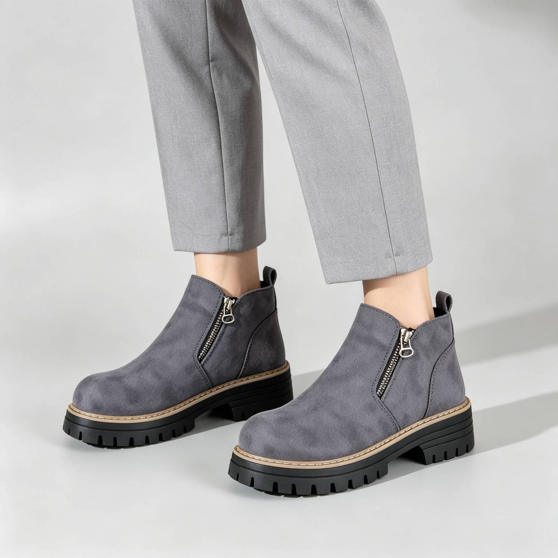 Minimalist Suede Side Zip Ankle Boots for Women | Beige Chunky Platform Sole Casual Short Boots