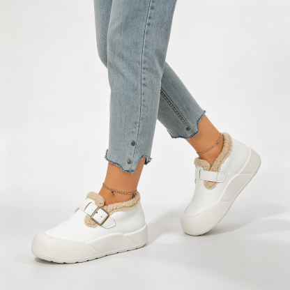 Women’s Fleece Lined Platform Loafers, Buckle Decor Warm Winter Slip On Shoes