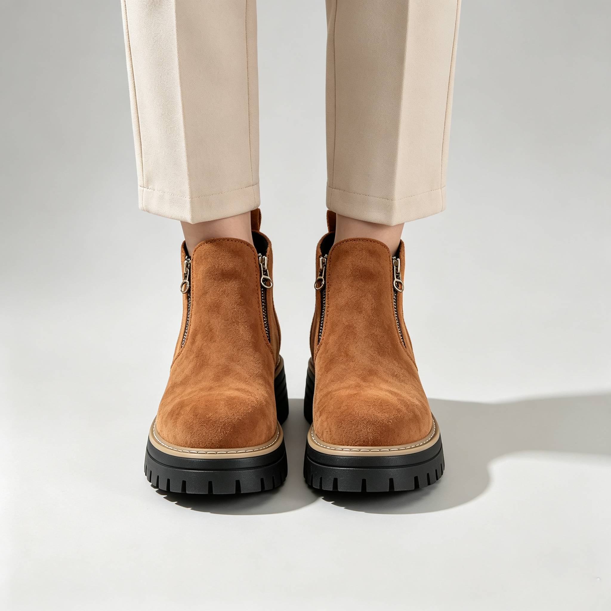 Minimalist Suede Side Zip Ankle Boots for Women | Beige Chunky Platform Sole Casual Short Boots