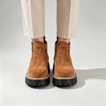 Minimalist Suede Side Zip Ankle Boots for Women | Beige Chunky Platform Sole Casual Short Boots