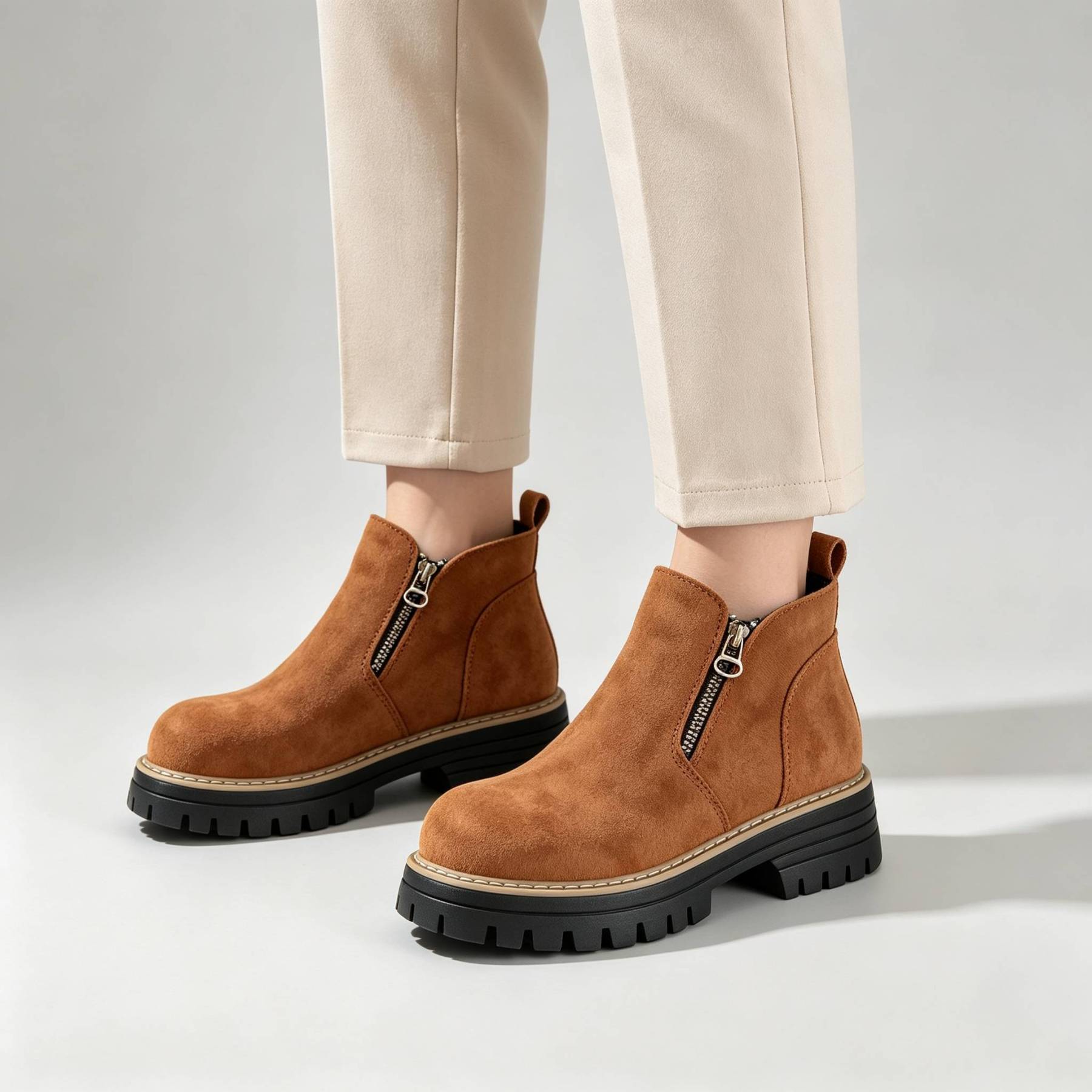 Minimalist Suede Side Zip Ankle Boots for Women | Beige Chunky Platform Sole Casual Short Boots