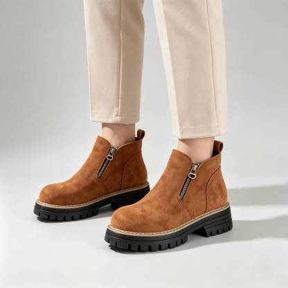 Minimalist Suede Side Zip Ankle Boots for Women | Beige Chunky Platform Sole Casual Short Boots