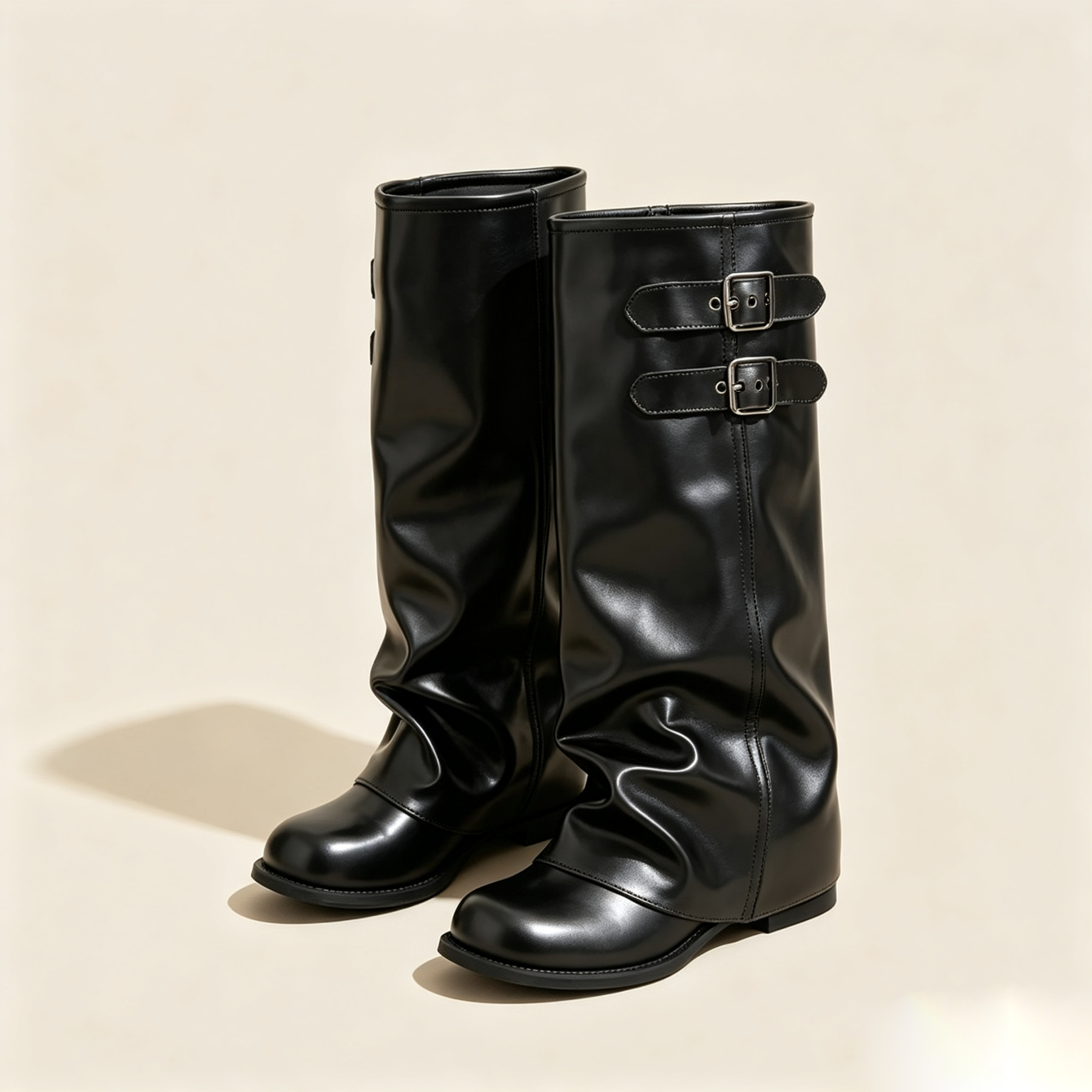 Elegant Khaki Suede Slouch Tall Boots | Double Buckle Design Flat Knee‑High Boots for Fall Winter