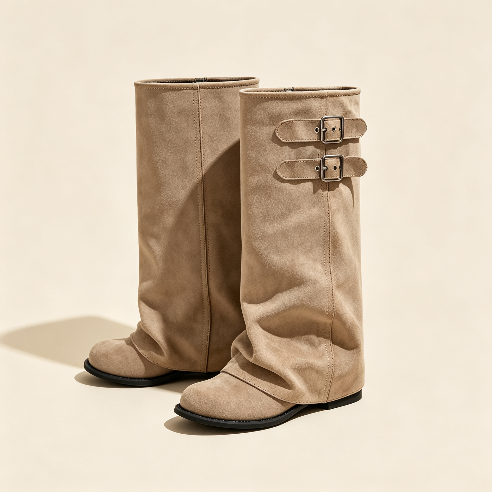 Elegant Khaki Suede Slouch Tall Boots | Double Buckle Design Flat Knee‑High Boots for Fall Winter