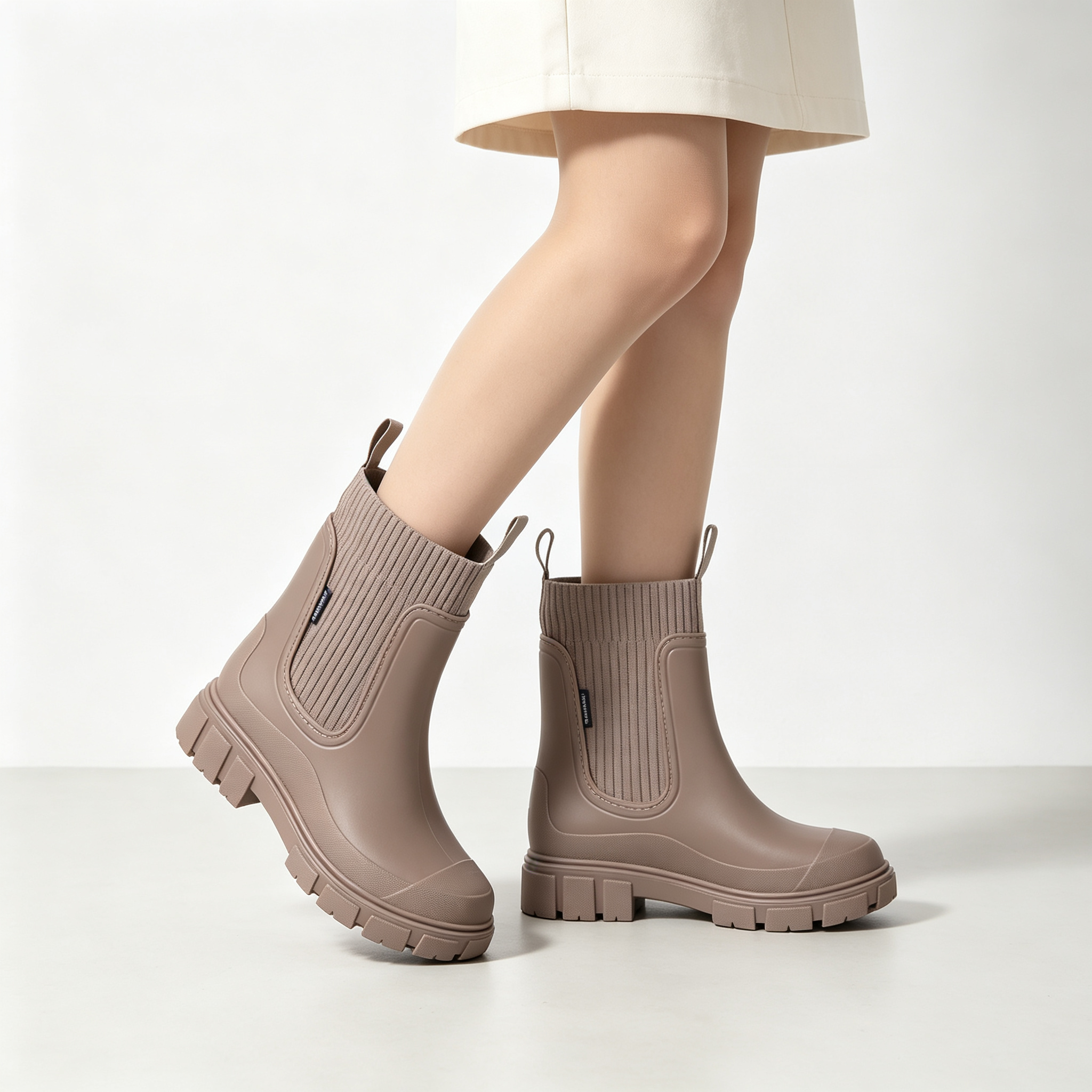 Stylish Waterproof Chelsea Ankle Boots for Women, Knit Stretch Panel & Rugged Block Sole