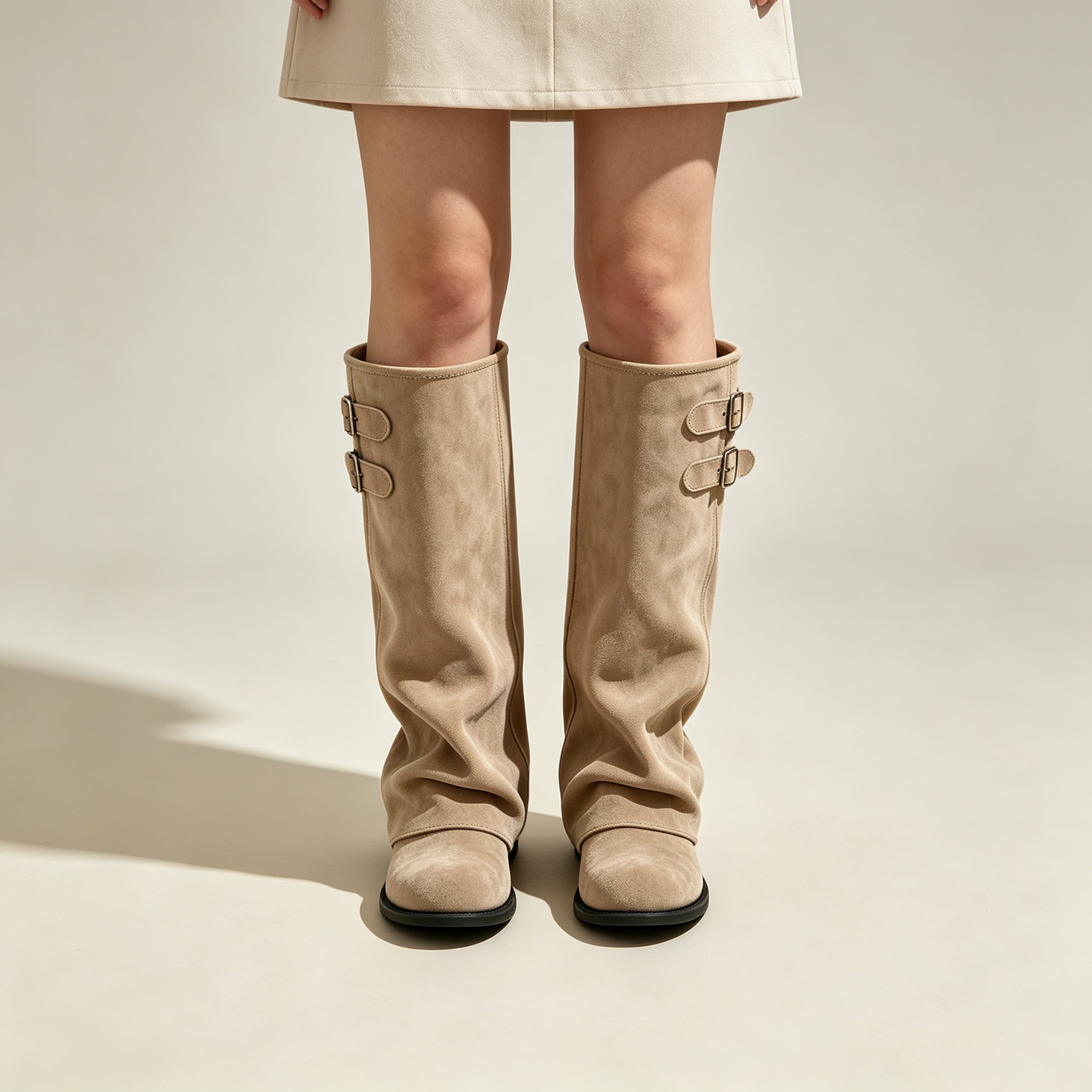 Elegant Khaki Suede Slouch Tall Boots | Double Buckle Design Flat Knee‑High Boots for Fall Winter