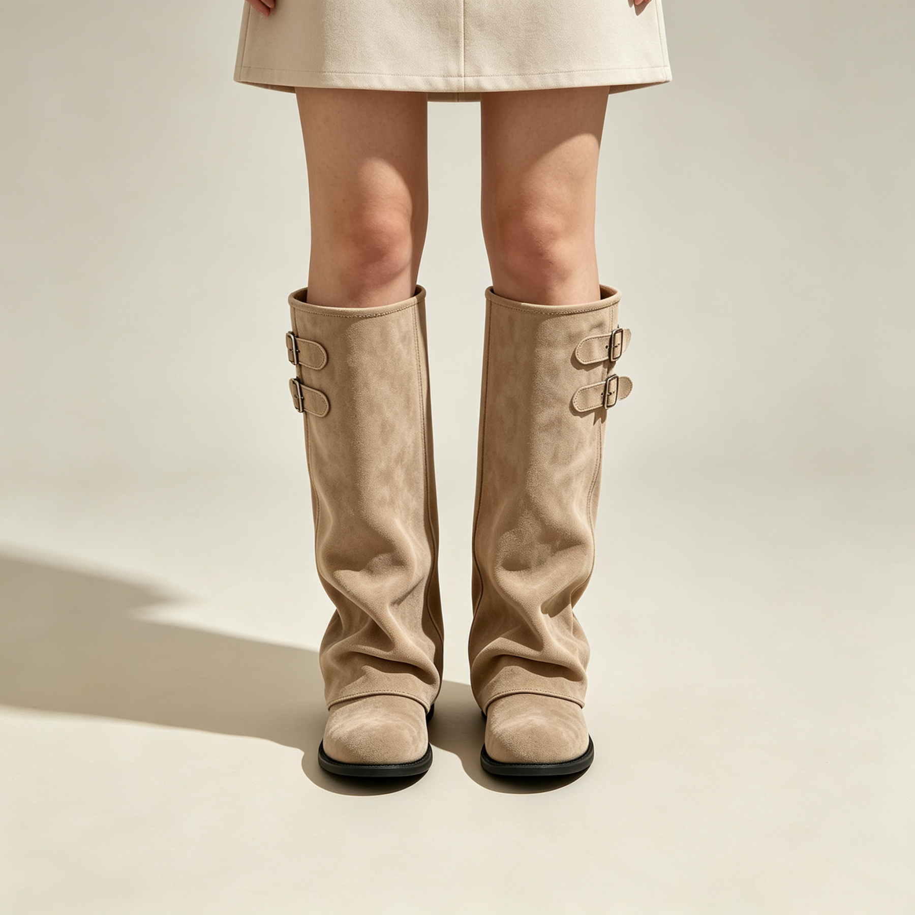 Elegant Khaki Suede Slouch Tall Boots | Double Buckle Design Flat Knee‑High Boots for Fall Winter
