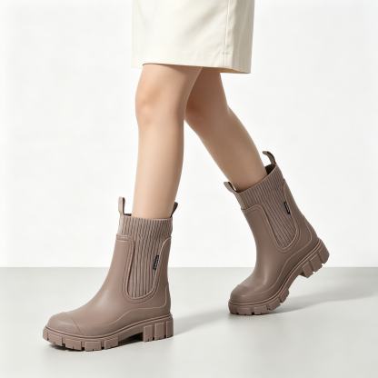 Stylish Waterproof Chelsea Ankle Boots for Women, Knit Stretch Panel & Rugged Block Sole