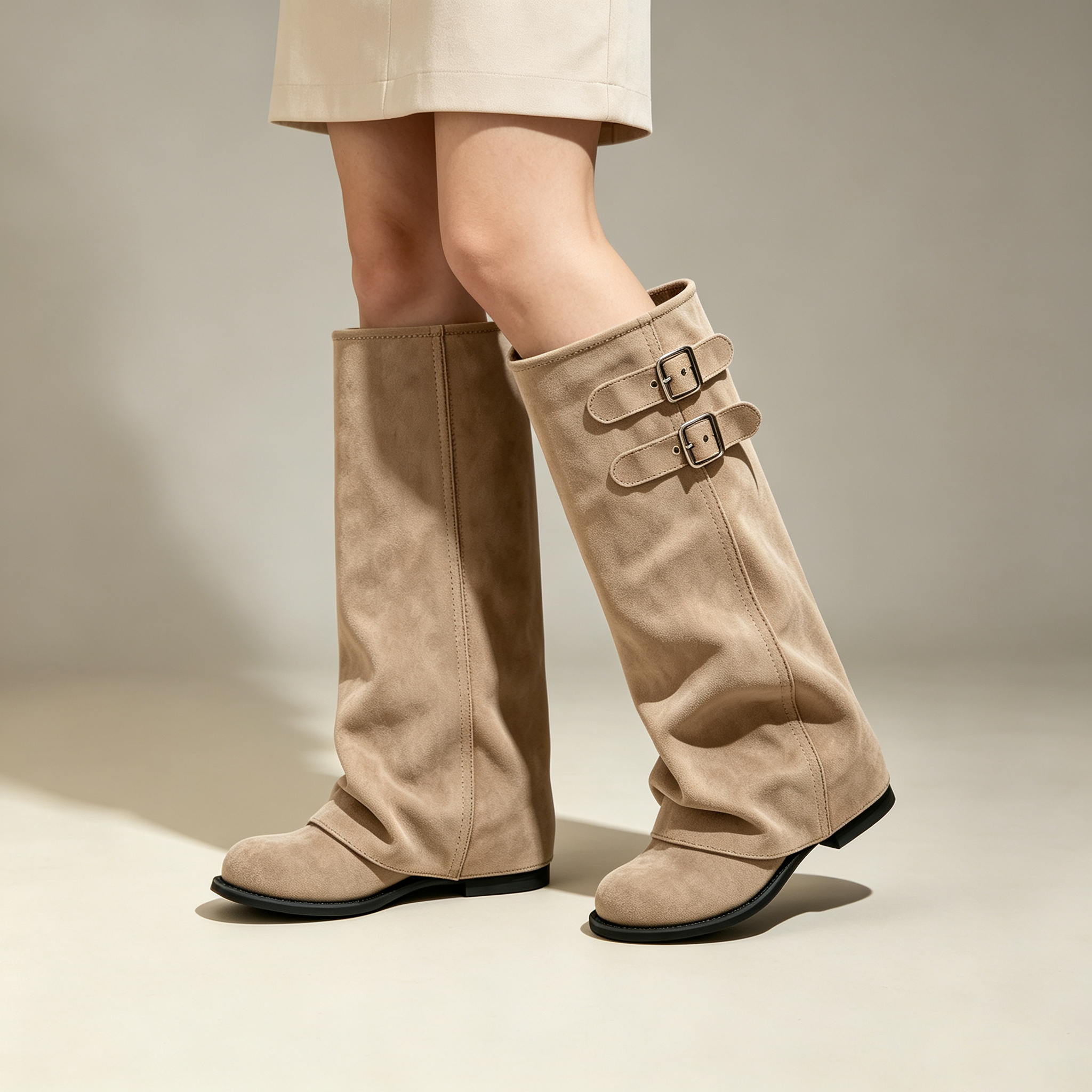 Elegant Khaki Suede Slouch Tall Boots | Double Buckle Design Flat Knee‑High Boots for Fall Winter