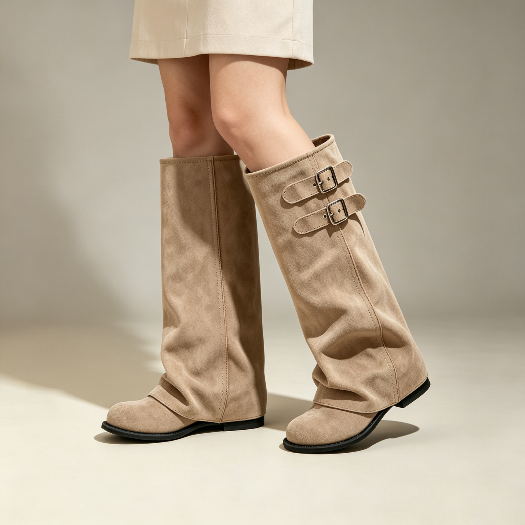 Elegant Khaki Suede Slouch Tall Boots | Double Buckle Design Flat Knee‑High Boots for Fall Winter