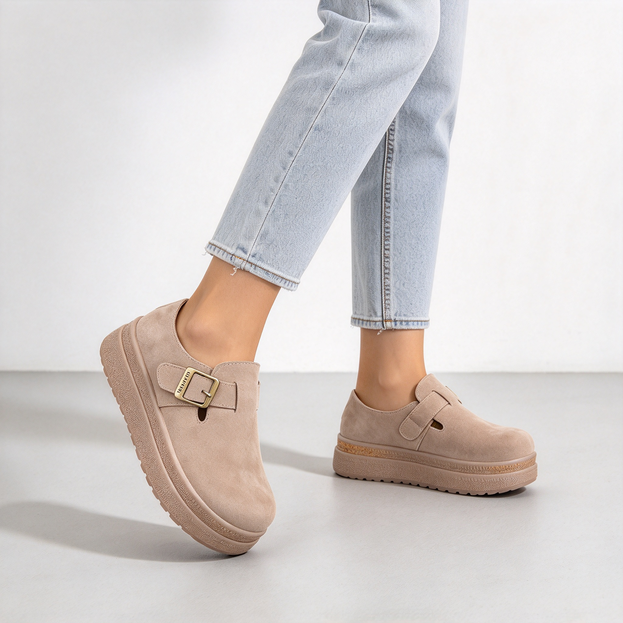 Women’s Thick Sole Suede Clogs, Vintage Adjustable Buckle Casual Daily Shoes