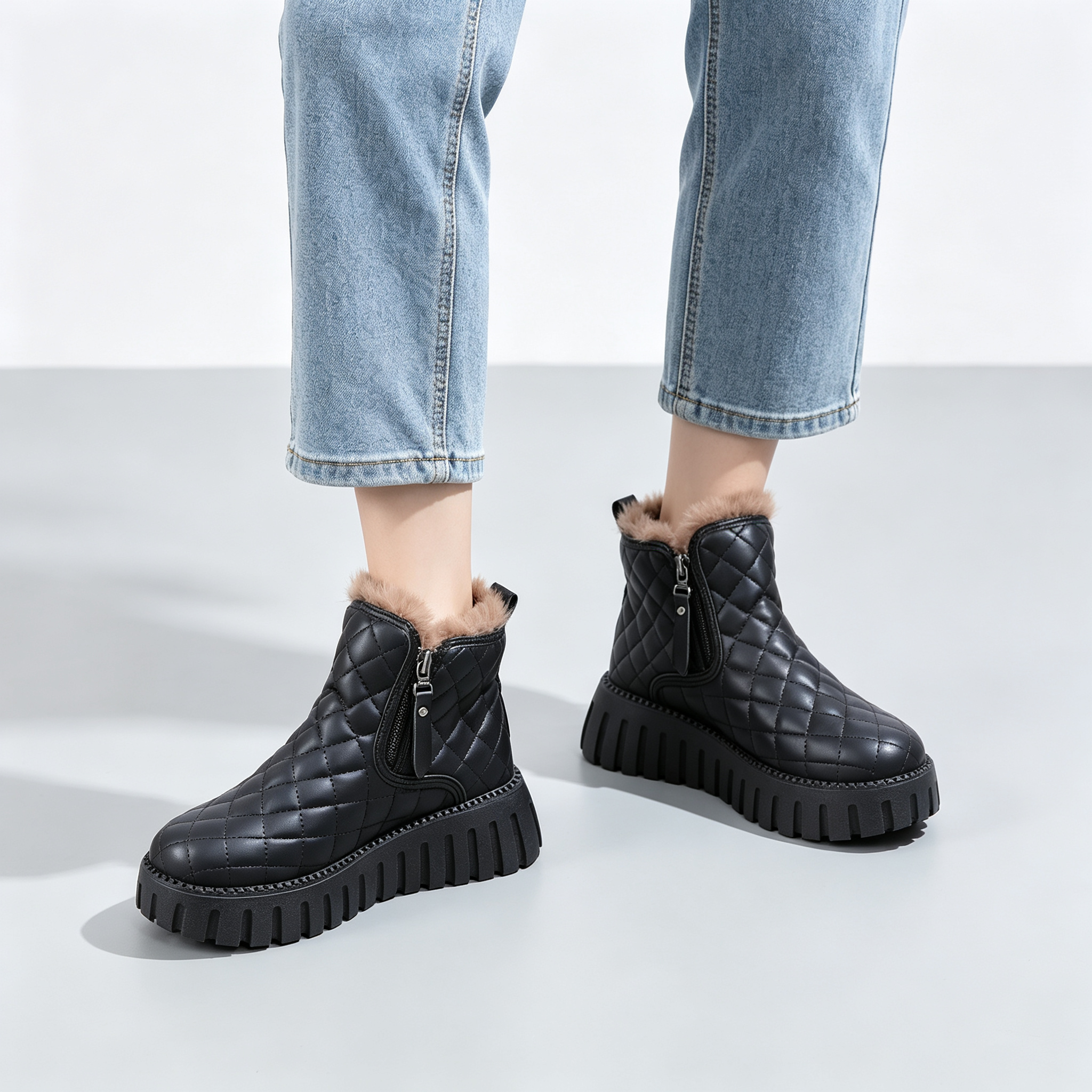 Women’s Quilted Platform Snow Boots, Side Zipper Faux Fur Lined Warm Winter Ankle Boots