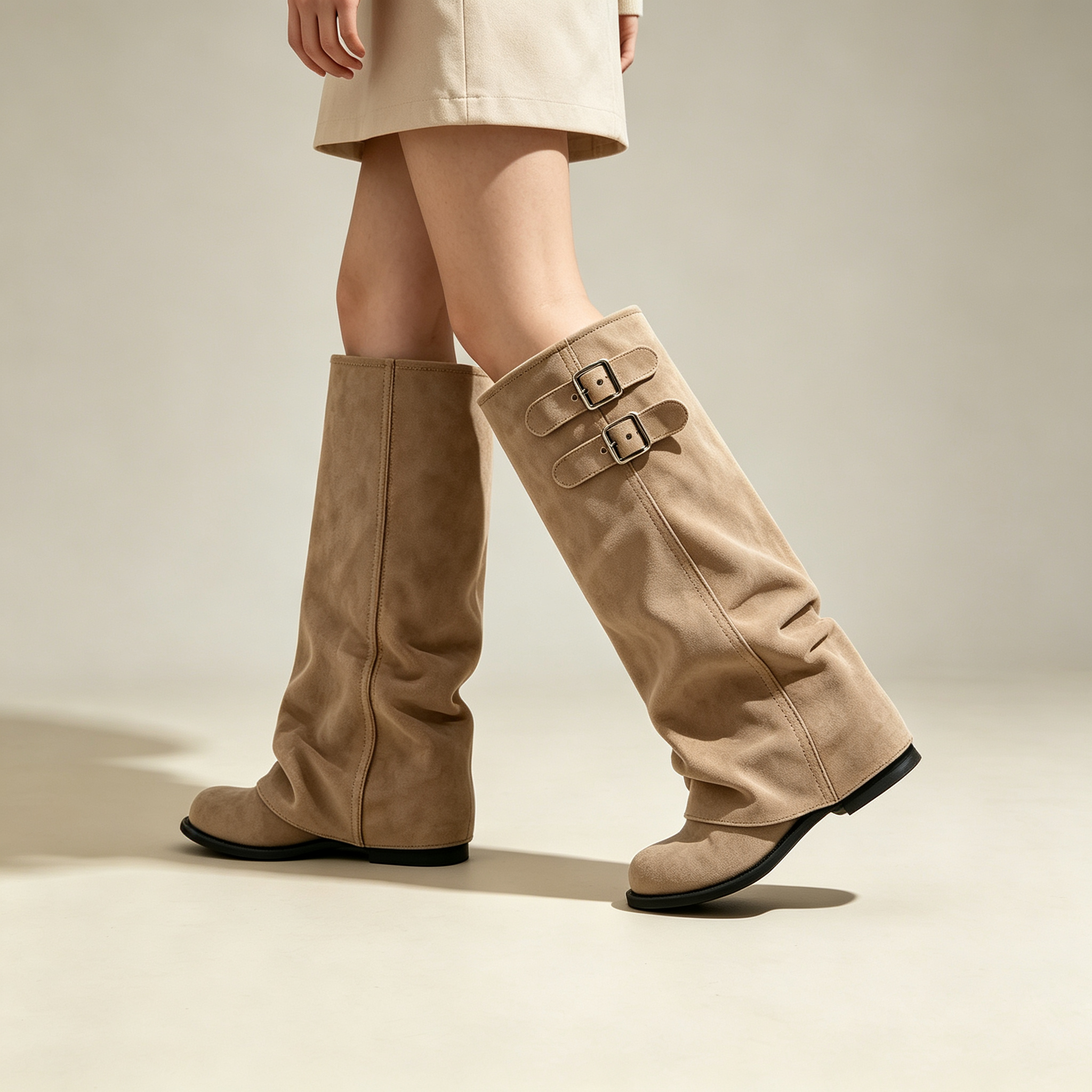 Elegant Khaki Suede Slouch Tall Boots | Double Buckle Design Flat Knee‑High Boots for Fall Winter