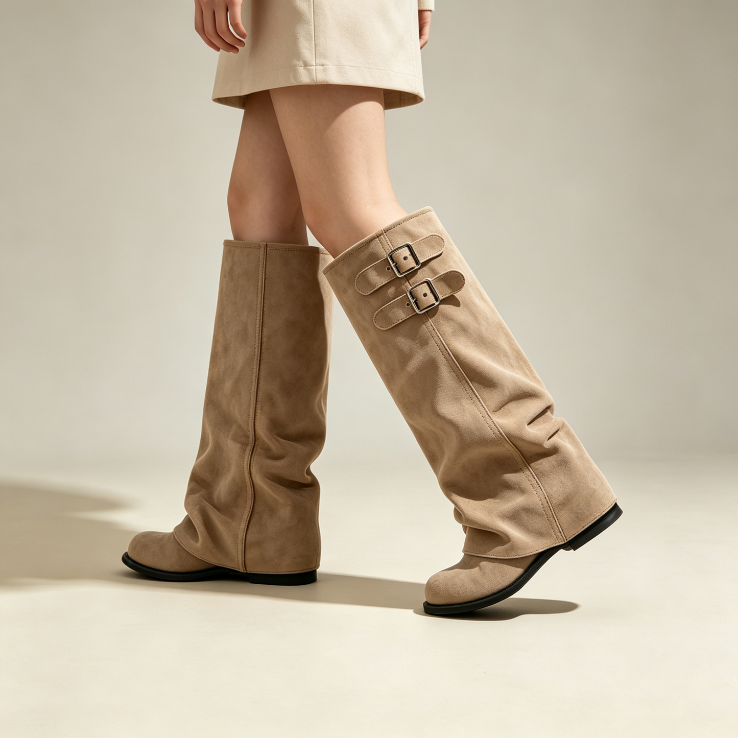 Elegant Khaki Suede Slouch Tall Boots | Double Buckle Design Flat Knee‑High Boots for Fall Winter