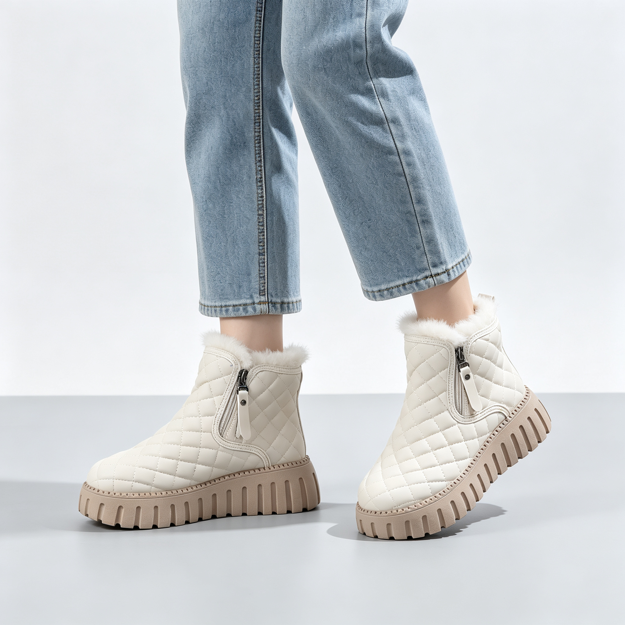 Women’s Quilted Platform Snow Boots, Side Zipper Faux Fur Lined Warm Winter Ankle Boots
