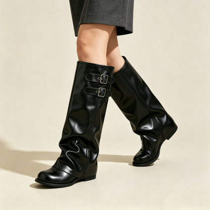 Elegant Khaki Suede Slouch Tall Boots | Double Buckle Design Flat Knee‑High Boots for Fall Winter