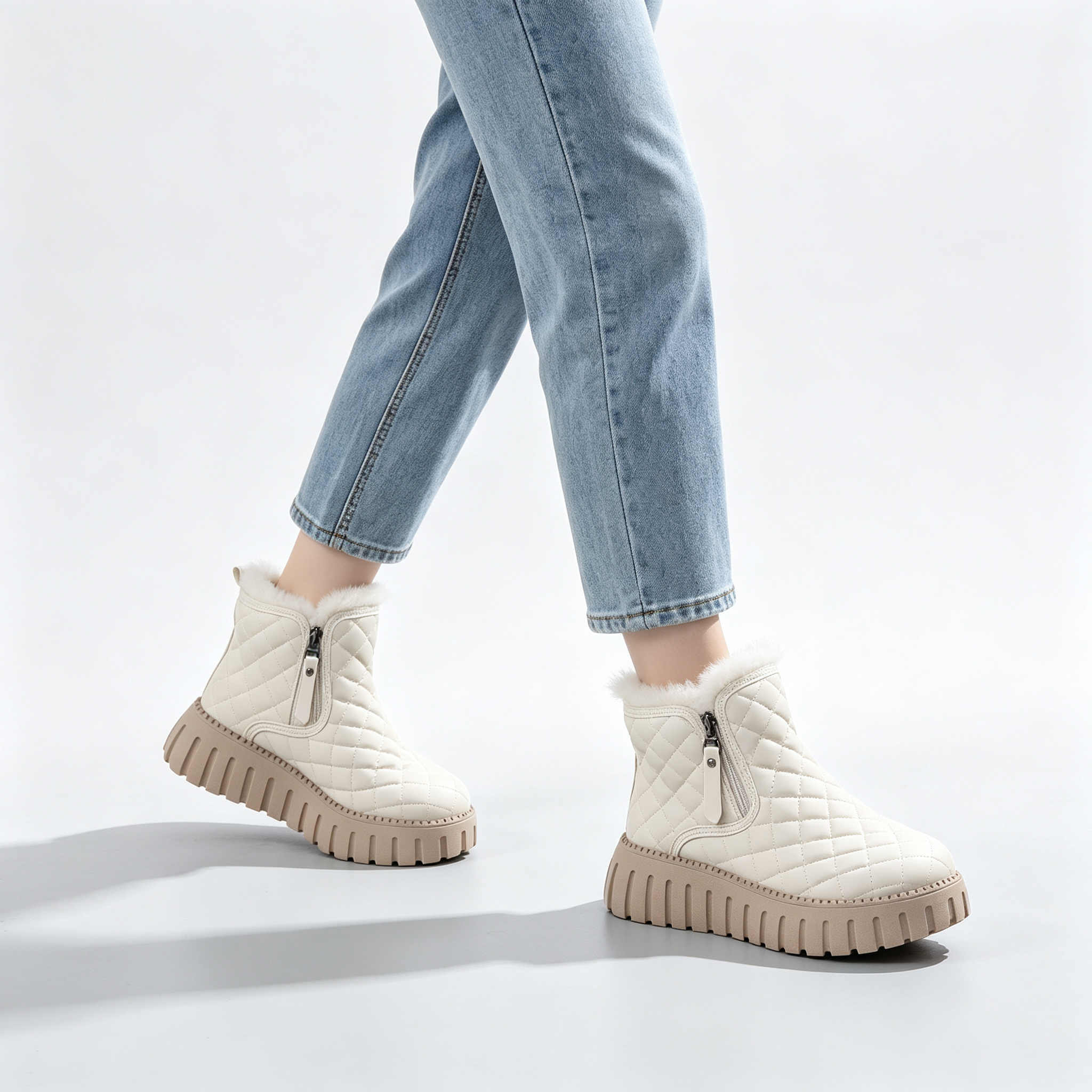 Women’s Quilted Platform Snow Boots, Side Zipper Faux Fur Lined Warm Winter Ankle Boots