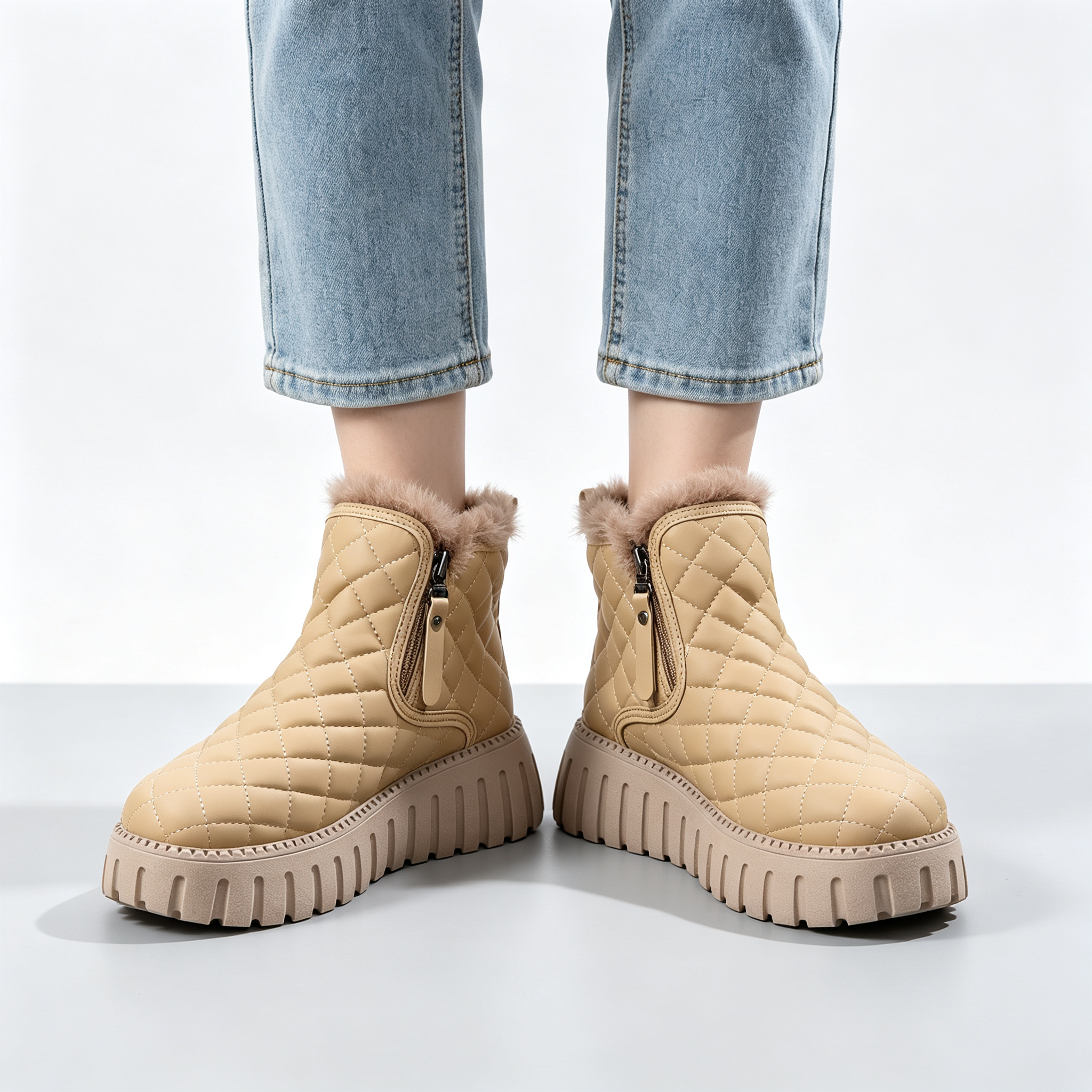 Women’s Quilted Platform Snow Boots, Side Zipper Faux Fur Lined Warm Winter Ankle Boots