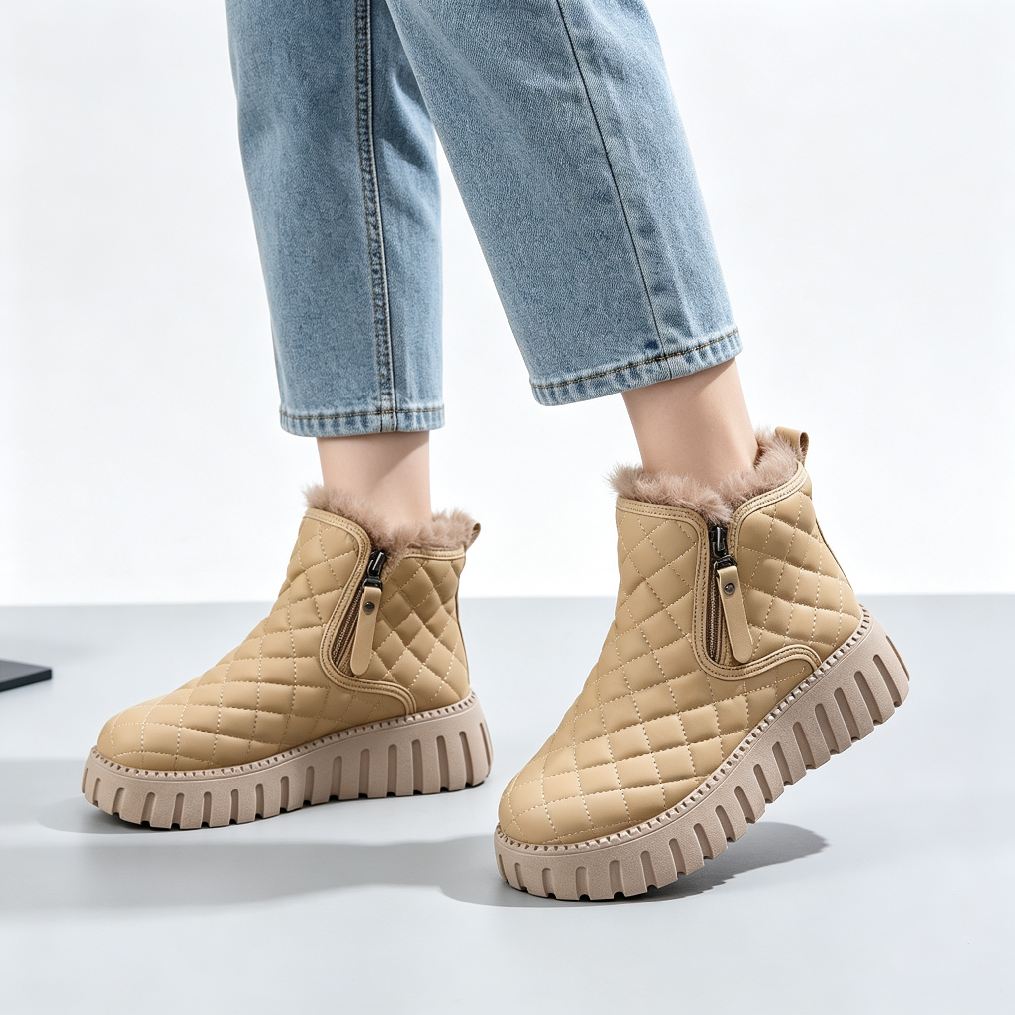 Women’s Quilted Platform Snow Boots, Side Zipper Faux Fur Lined Warm Winter Ankle Boots