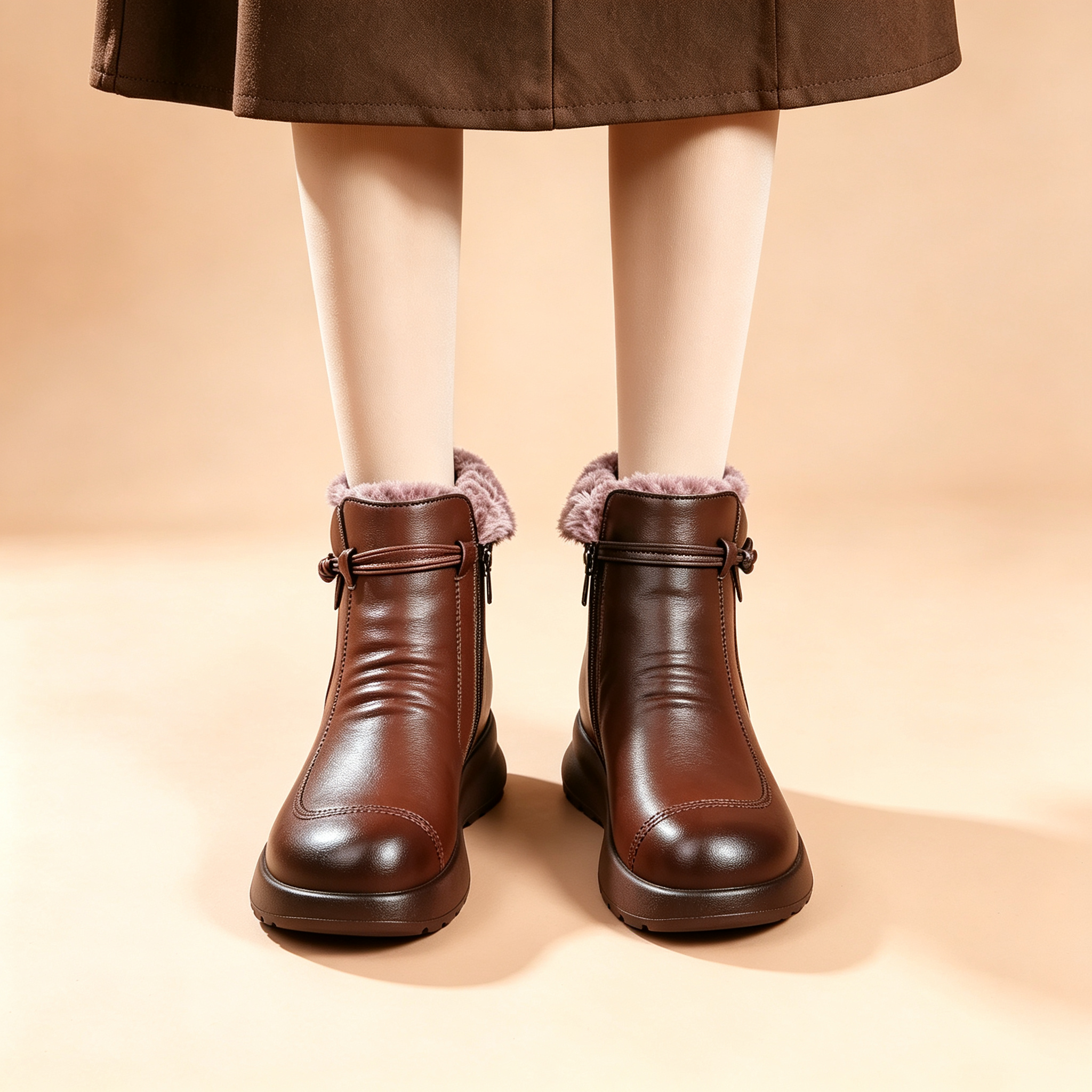 Luxe Fleece‑Lined Leather Ankle Boots, Comfort Platform Winter Booties for Women, Side Zip Warm Snow Ankle Boots