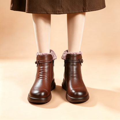 Luxe Fleece‑Lined Leather Ankle Boots, Comfort Platform Winter Booties for Women, Side Zip Warm Snow Ankle Boots