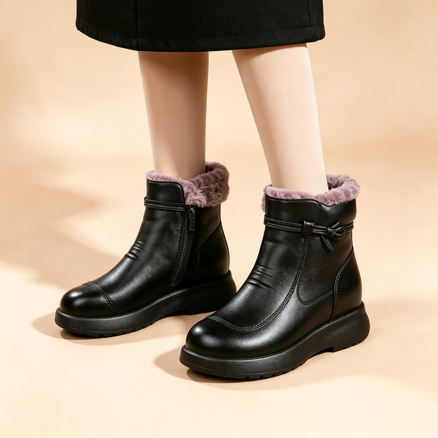 Luxe Fleece‑Lined Leather Ankle Boots, Comfort Platform Winter Booties for Women, Side Zip Warm Snow Ankle Boots