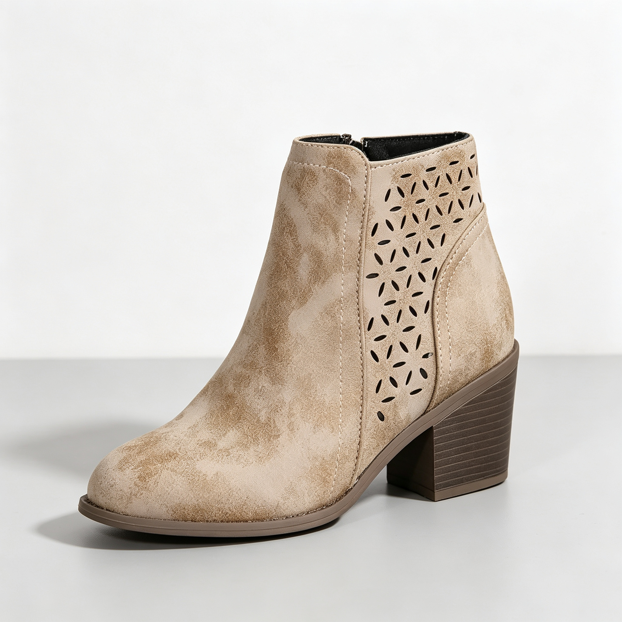Vintage Distressed Women Ankle Boots, Hollow Cutout Design Chunky Heel Booties
