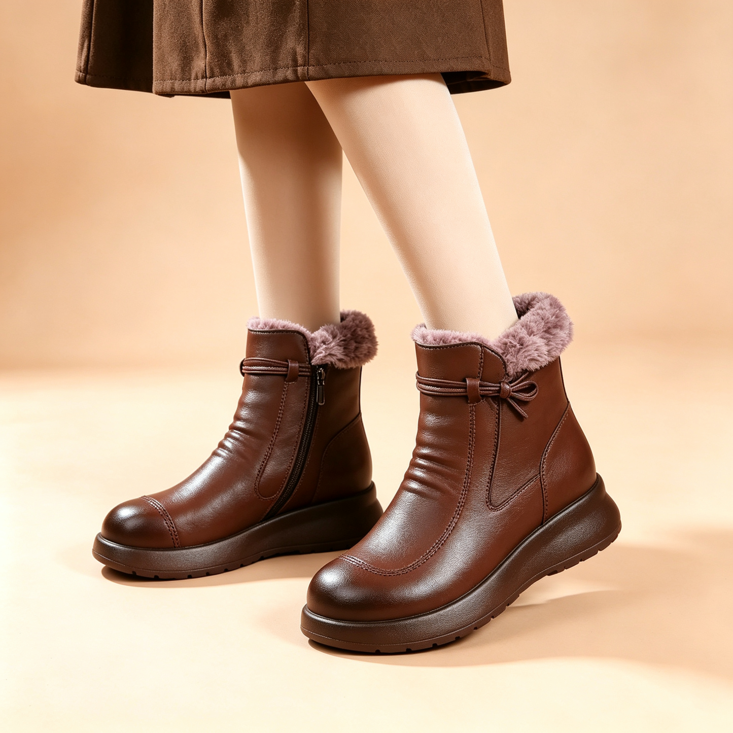 Luxe Fleece‑Lined Leather Ankle Boots, Comfort Platform Winter Booties for Women, Side Zip Warm Snow Ankle Boots