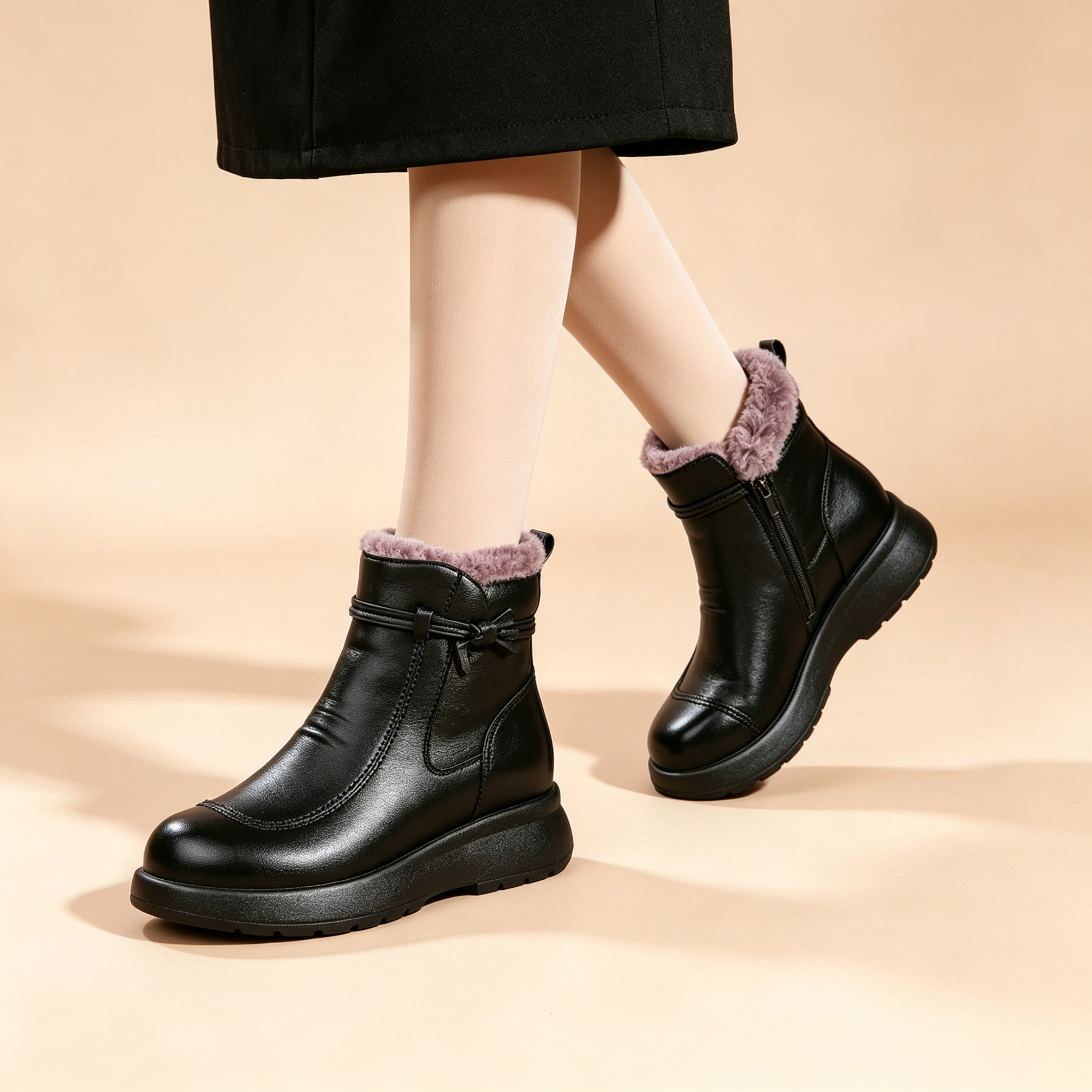 Luxe Fleece‑Lined Leather Ankle Boots, Comfort Platform Winter Booties for Women, Side Zip Warm Snow Ankle Boots
