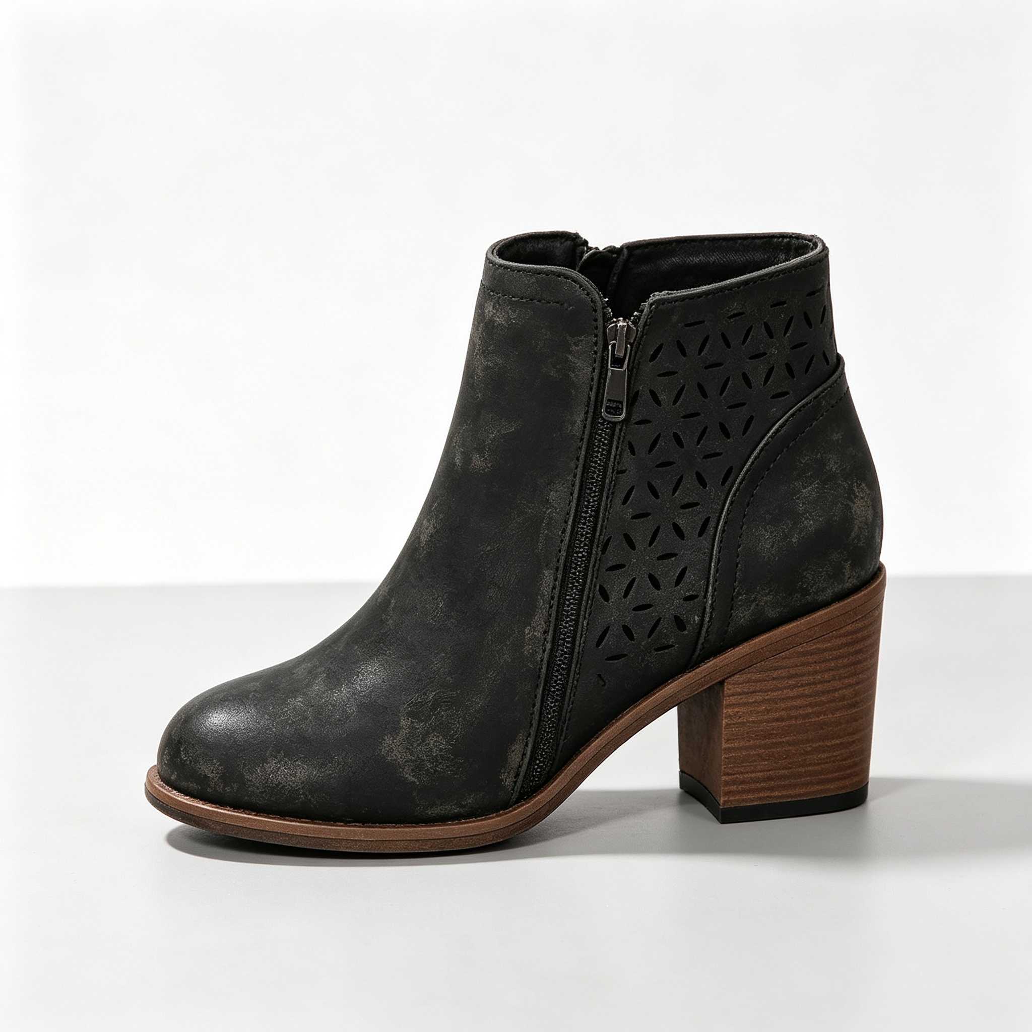 Vintage Distressed Women Ankle Boots, Hollow Cutout Design Chunky Heel Booties