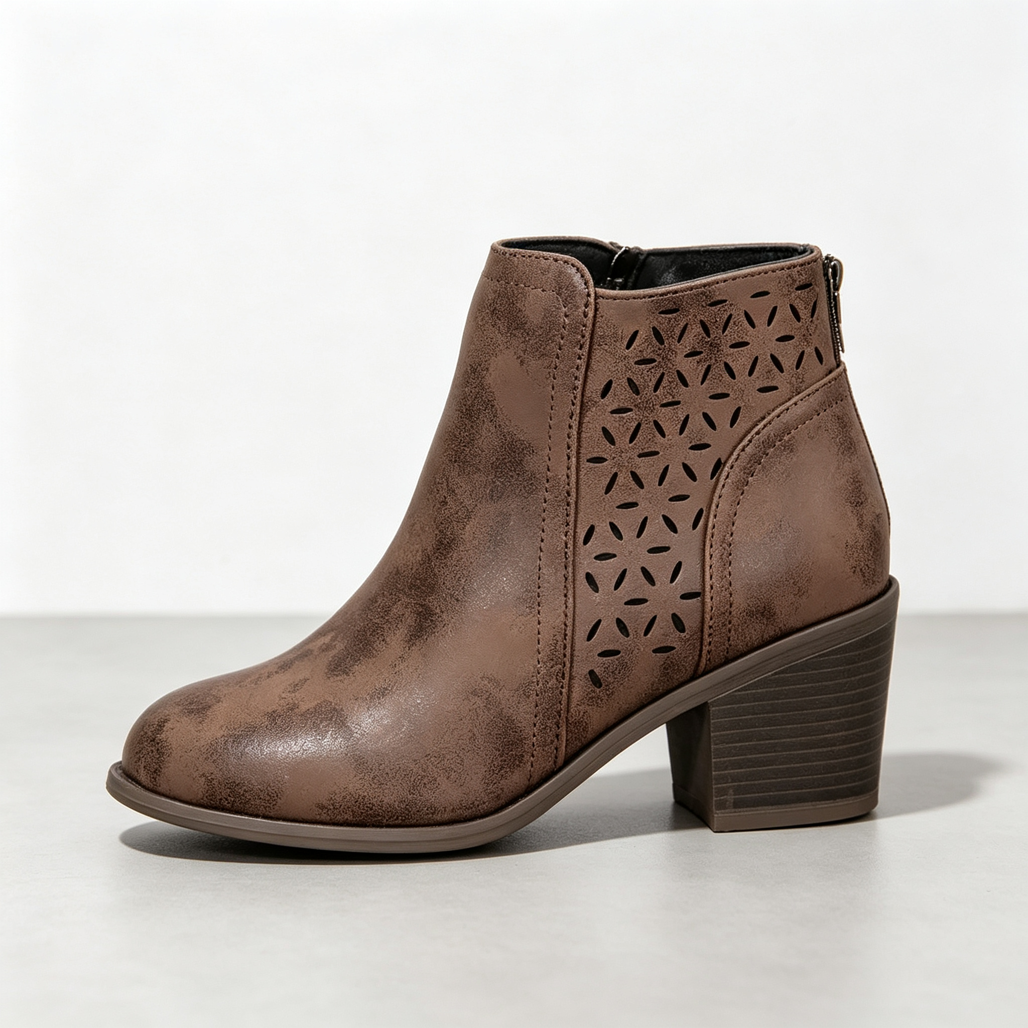 Vintage Distressed Women Ankle Boots, Hollow Cutout Design Chunky Heel Booties