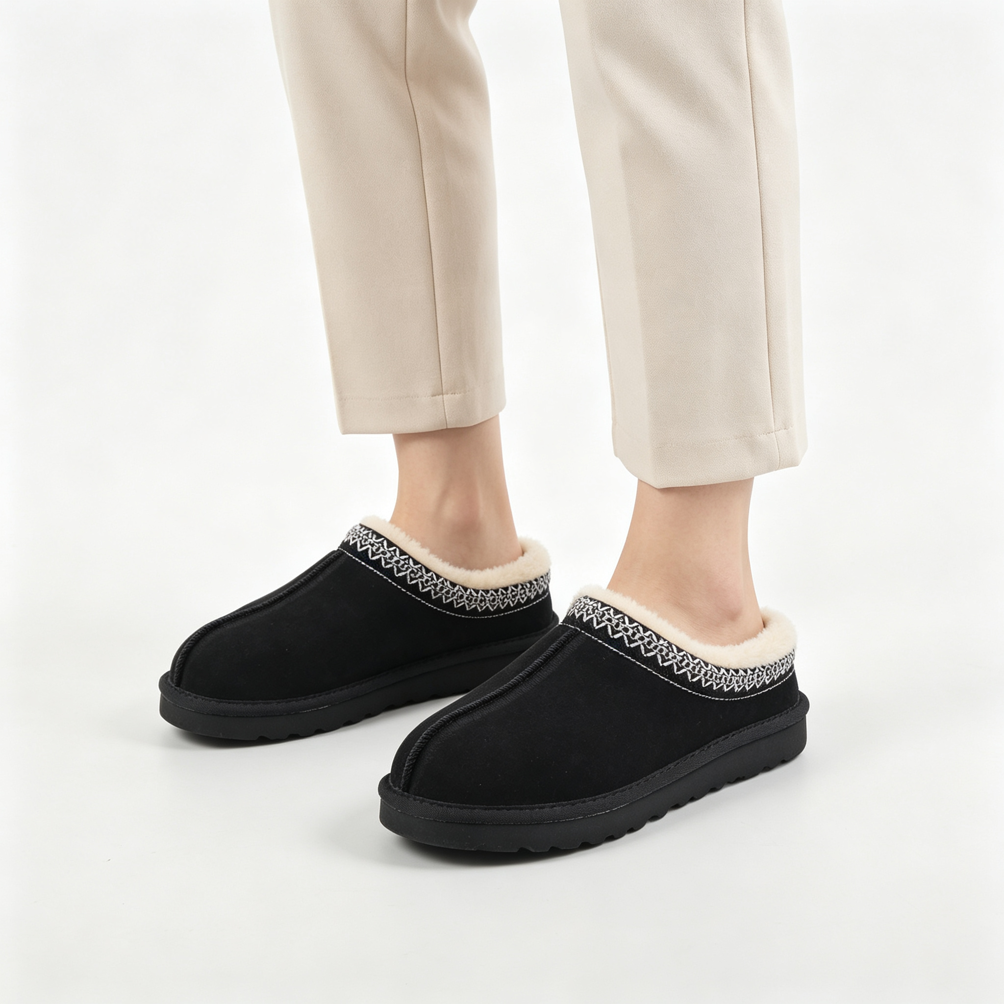 Vintage Embroidered Suede Mule Slippers | Women’s Cozy Lined Winter Slip-On Shoes