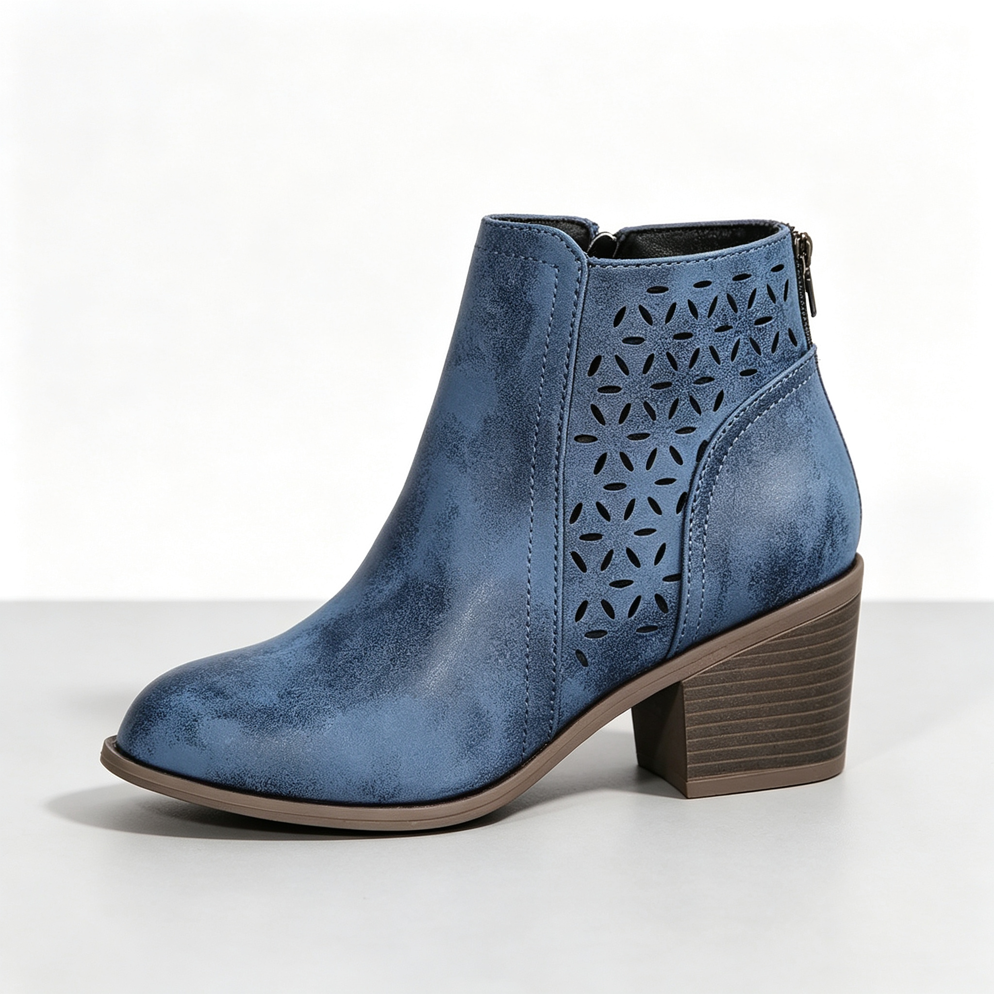 Vintage Distressed Women Ankle Boots, Hollow Cutout Design Chunky Heel Booties