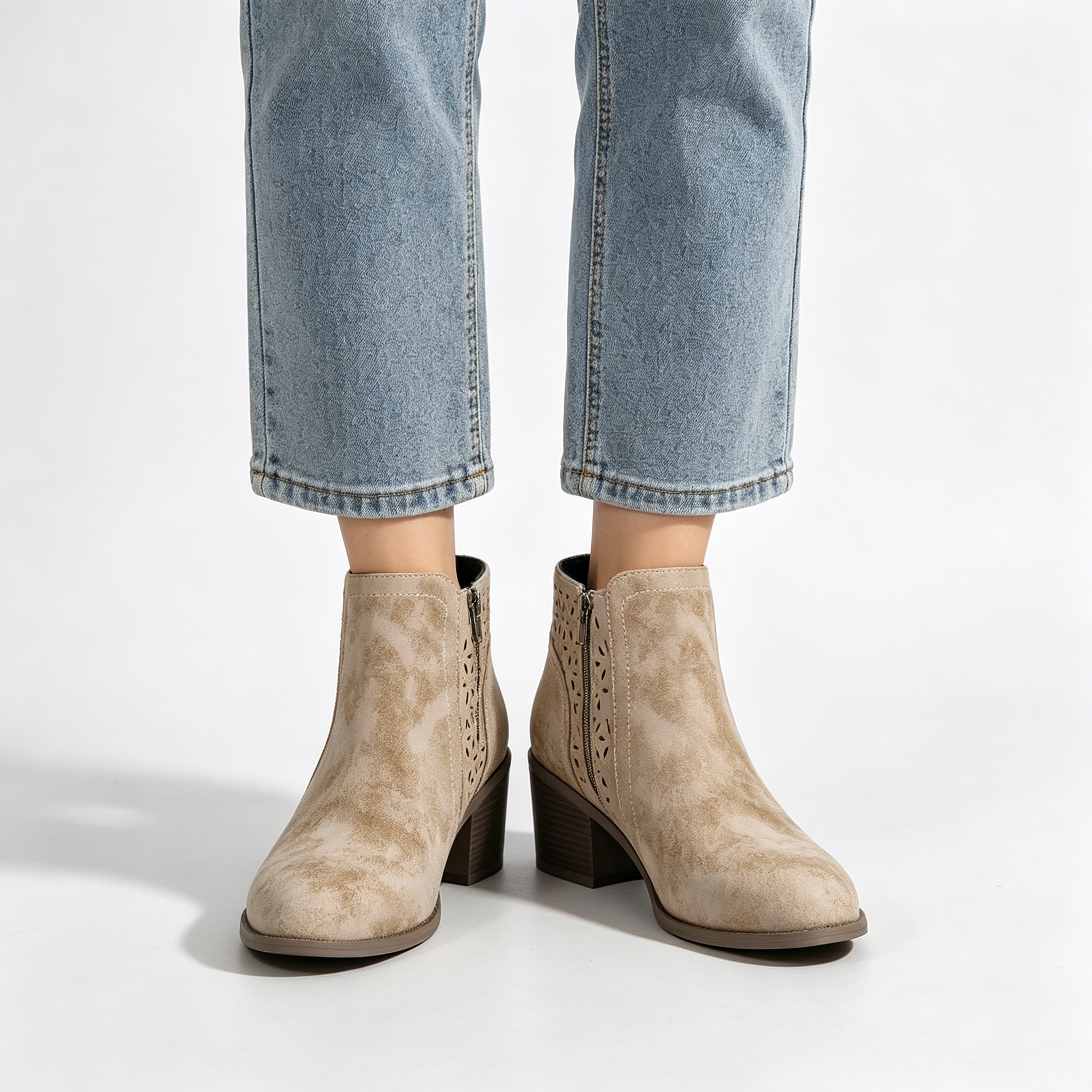 Vintage Distressed Women Ankle Boots, Hollow Cutout Design Chunky Heel Booties