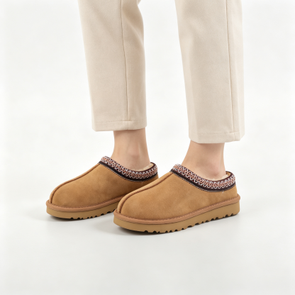 Vintage Embroidered Suede Mule Slippers | Women’s Cozy Lined Winter Slip-On Shoes