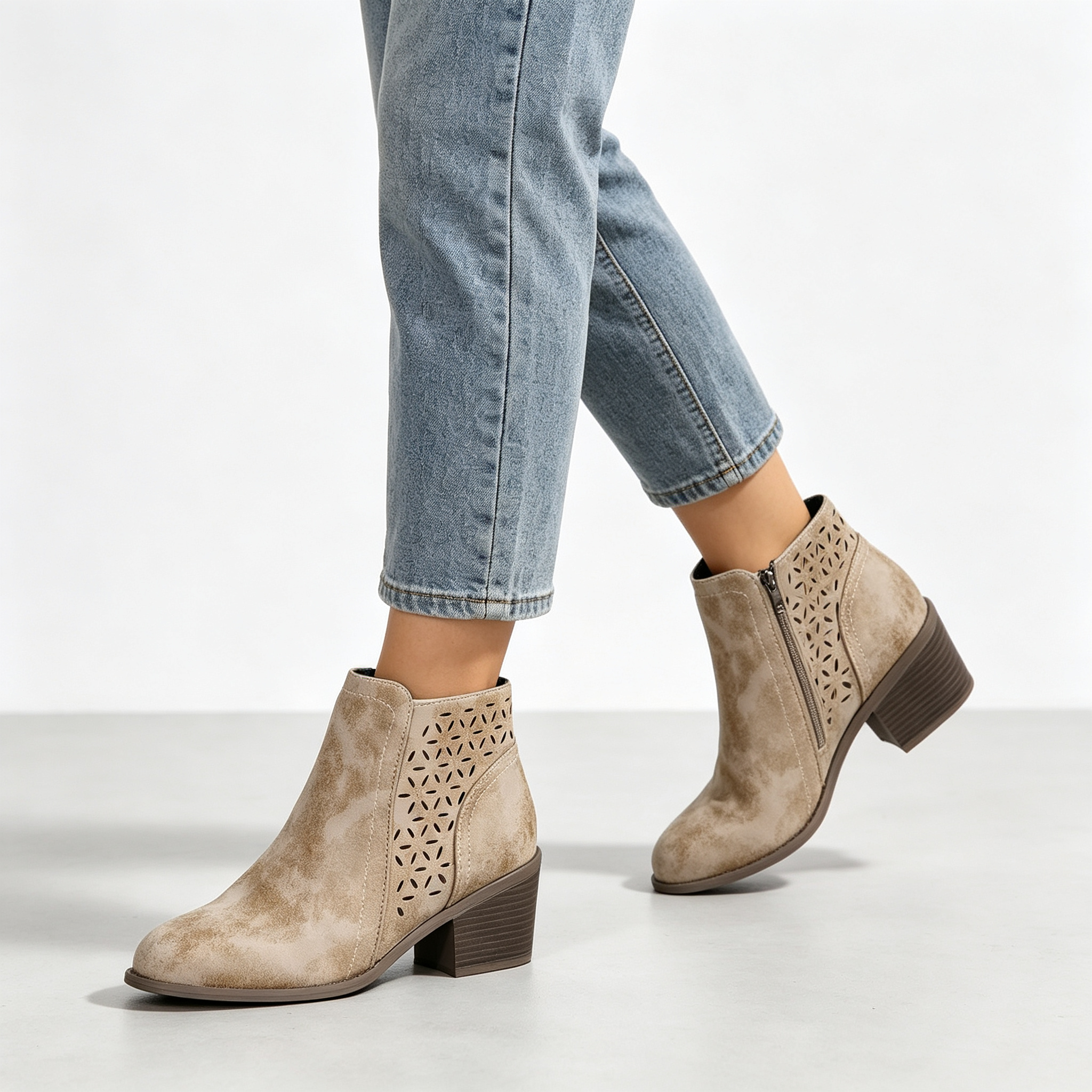 Vintage Distressed Women Ankle Boots, Hollow Cutout Design Chunky Heel Booties