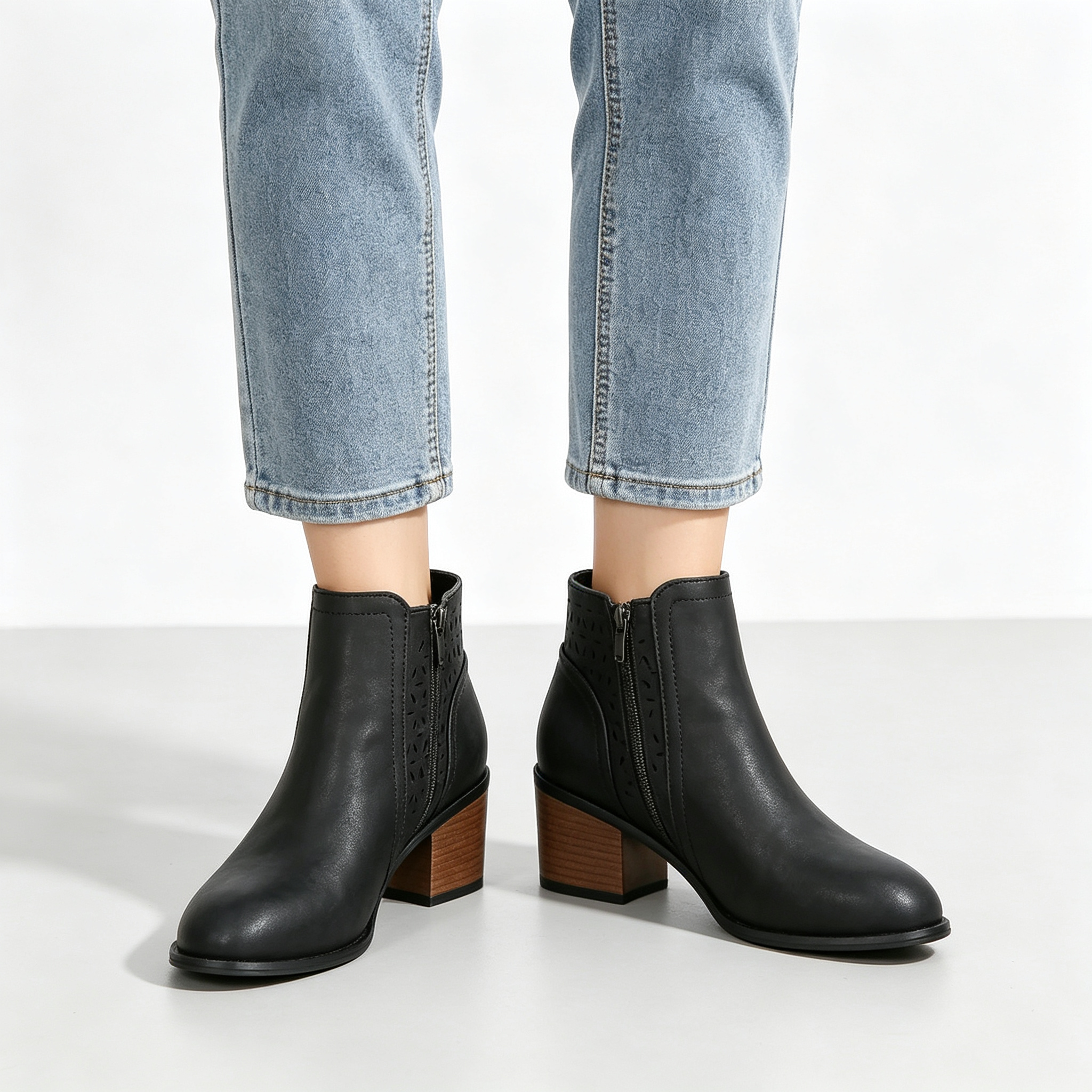 Vintage Distressed Women Ankle Boots, Hollow Cutout Design Chunky Heel Booties