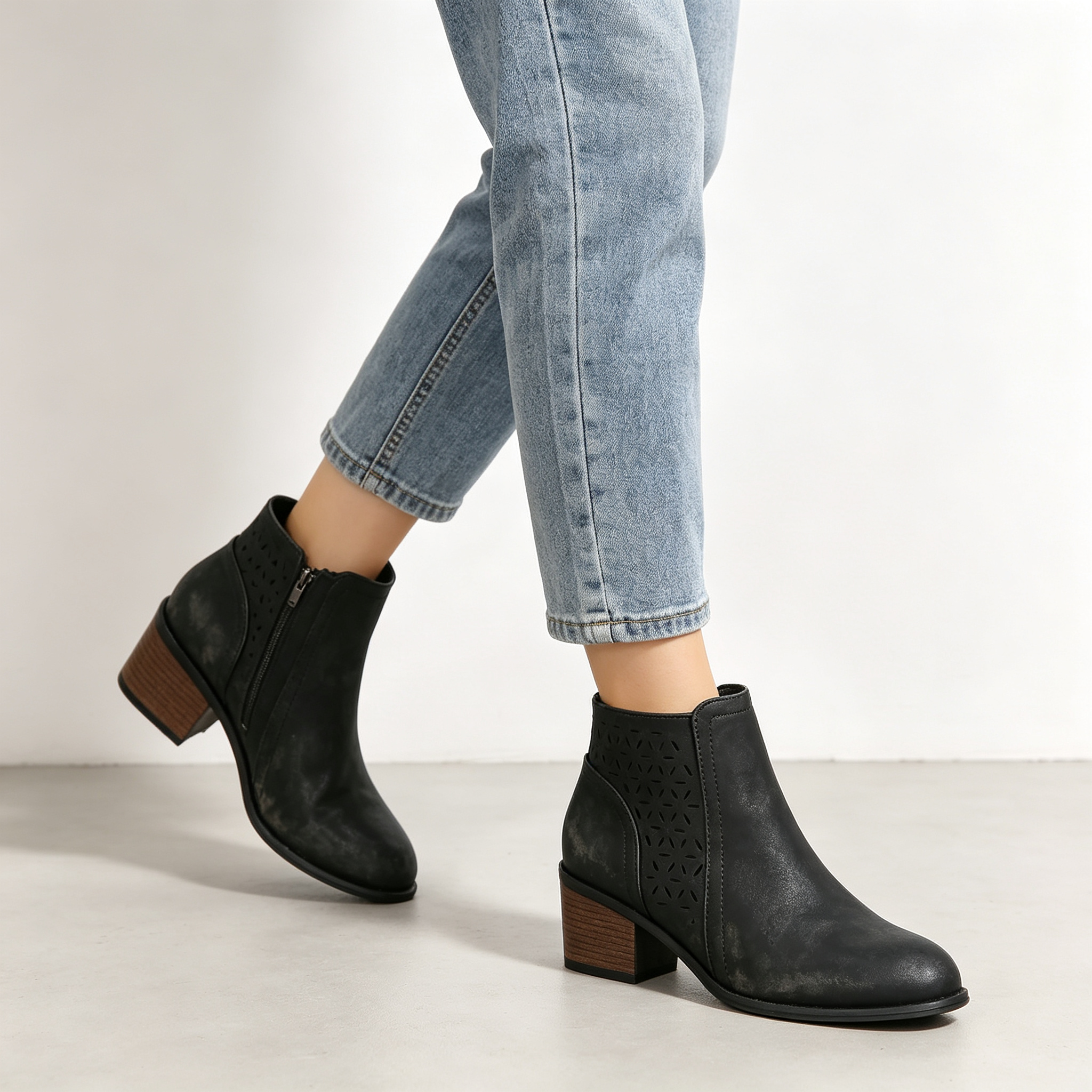 Vintage Distressed Women Ankle Boots, Hollow Cutout Design Chunky Heel Booties