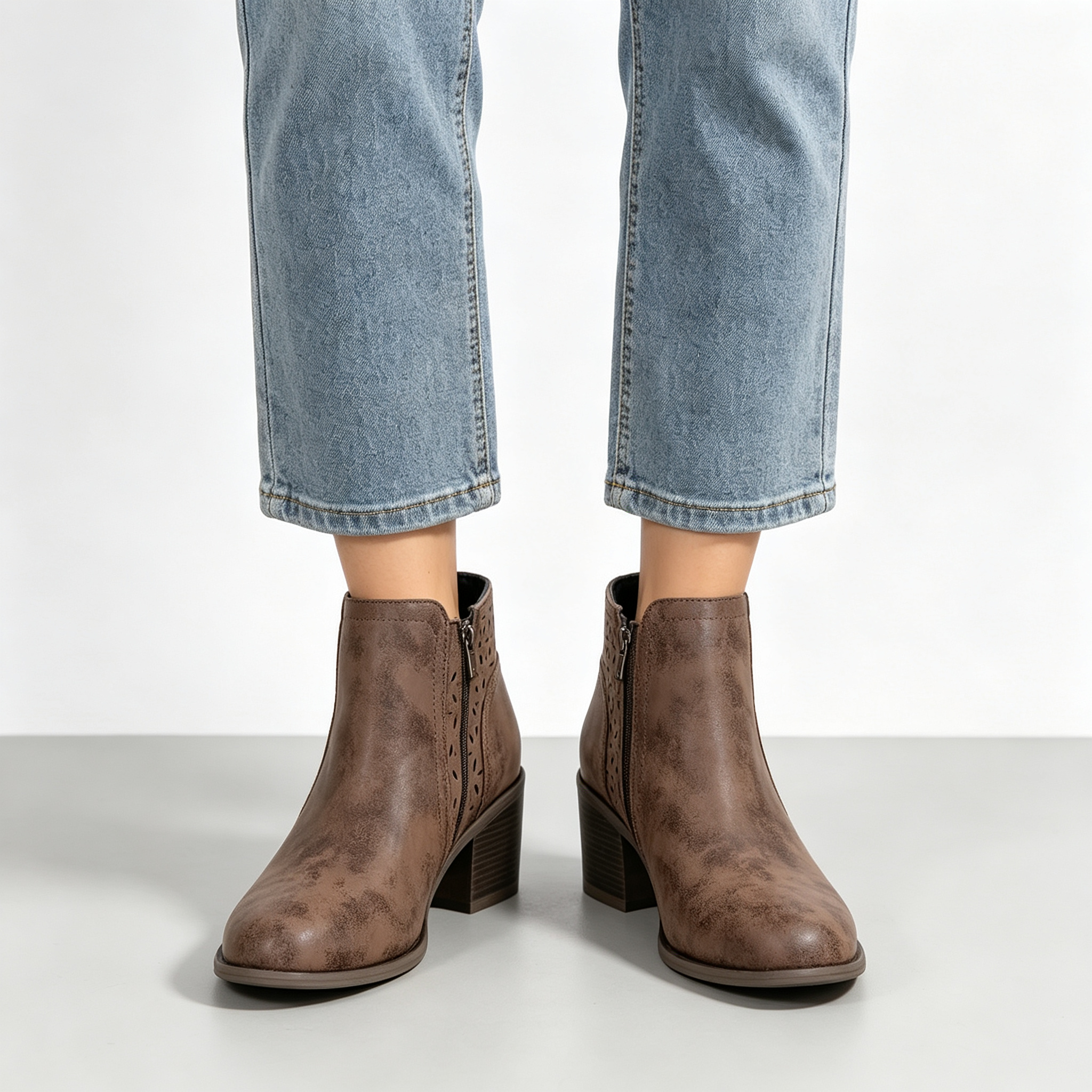 Vintage Distressed Women Ankle Boots, Hollow Cutout Design Chunky Heel Booties