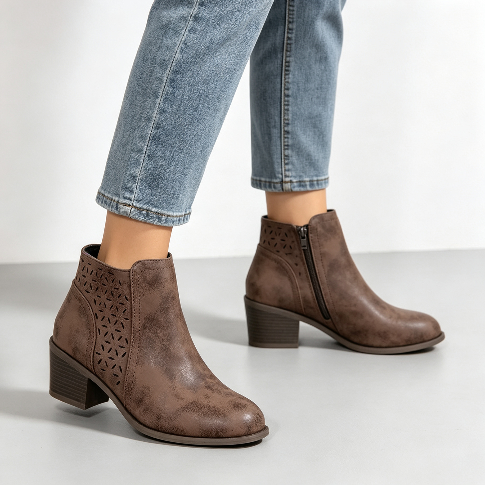 Vintage Distressed Women Ankle Boots, Hollow Cutout Design Chunky Heel Booties