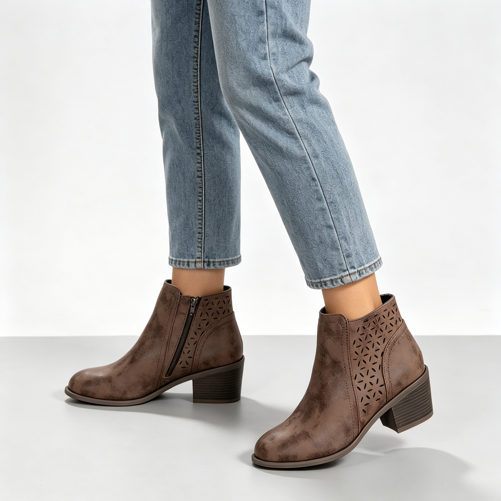 Vintage Distressed Women Ankle Boots, Hollow Cutout Design Chunky Heel Booties