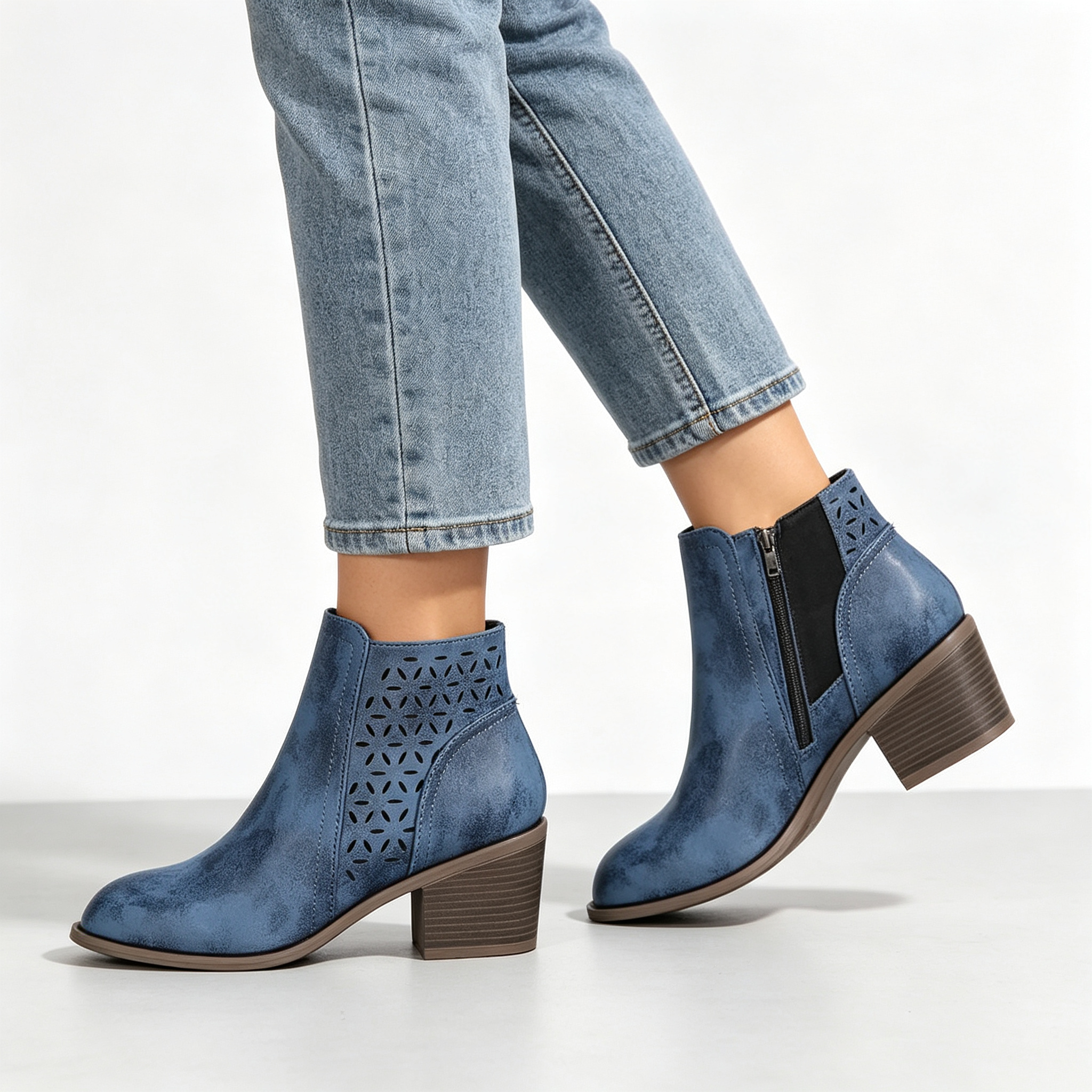 Vintage Distressed Women Ankle Boots, Hollow Cutout Design Chunky Heel Booties