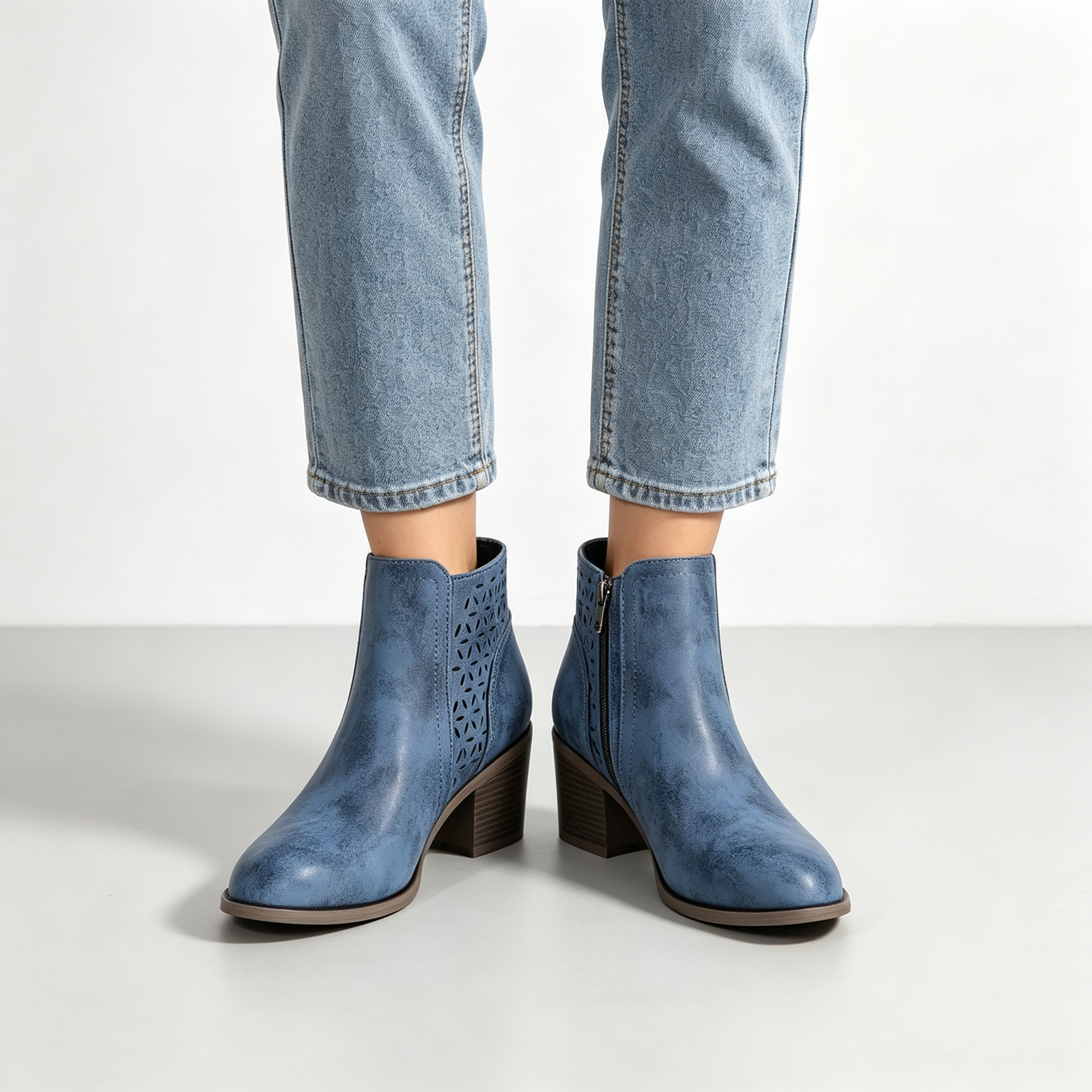 Vintage Distressed Women Ankle Boots, Hollow Cutout Design Chunky Heel Booties