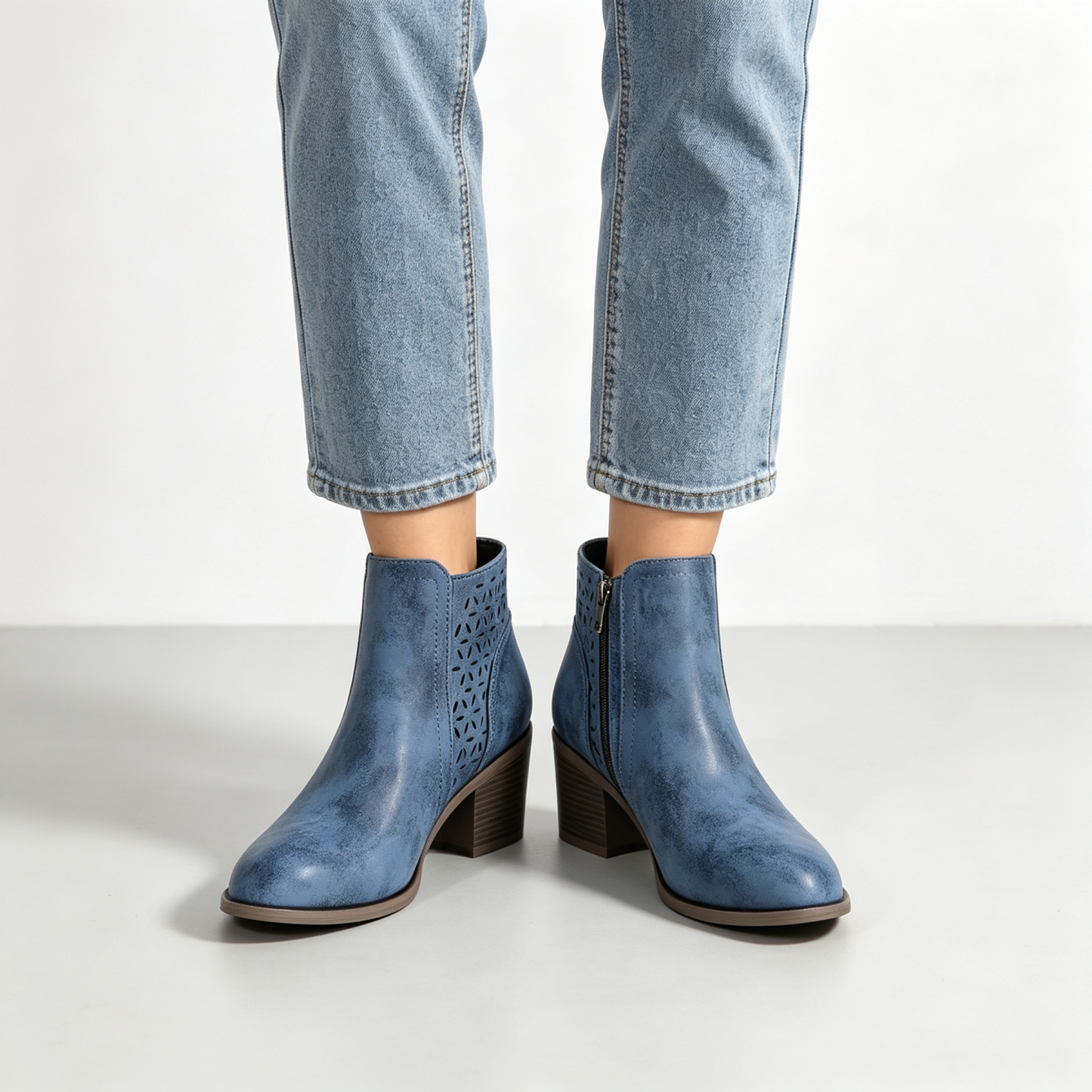 Vintage Distressed Women Ankle Boots, Hollow Cutout Design Chunky Heel Booties