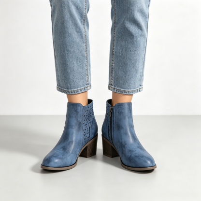 Vintage Distressed Women Ankle Boots, Hollow Cutout Design Chunky Heel Booties