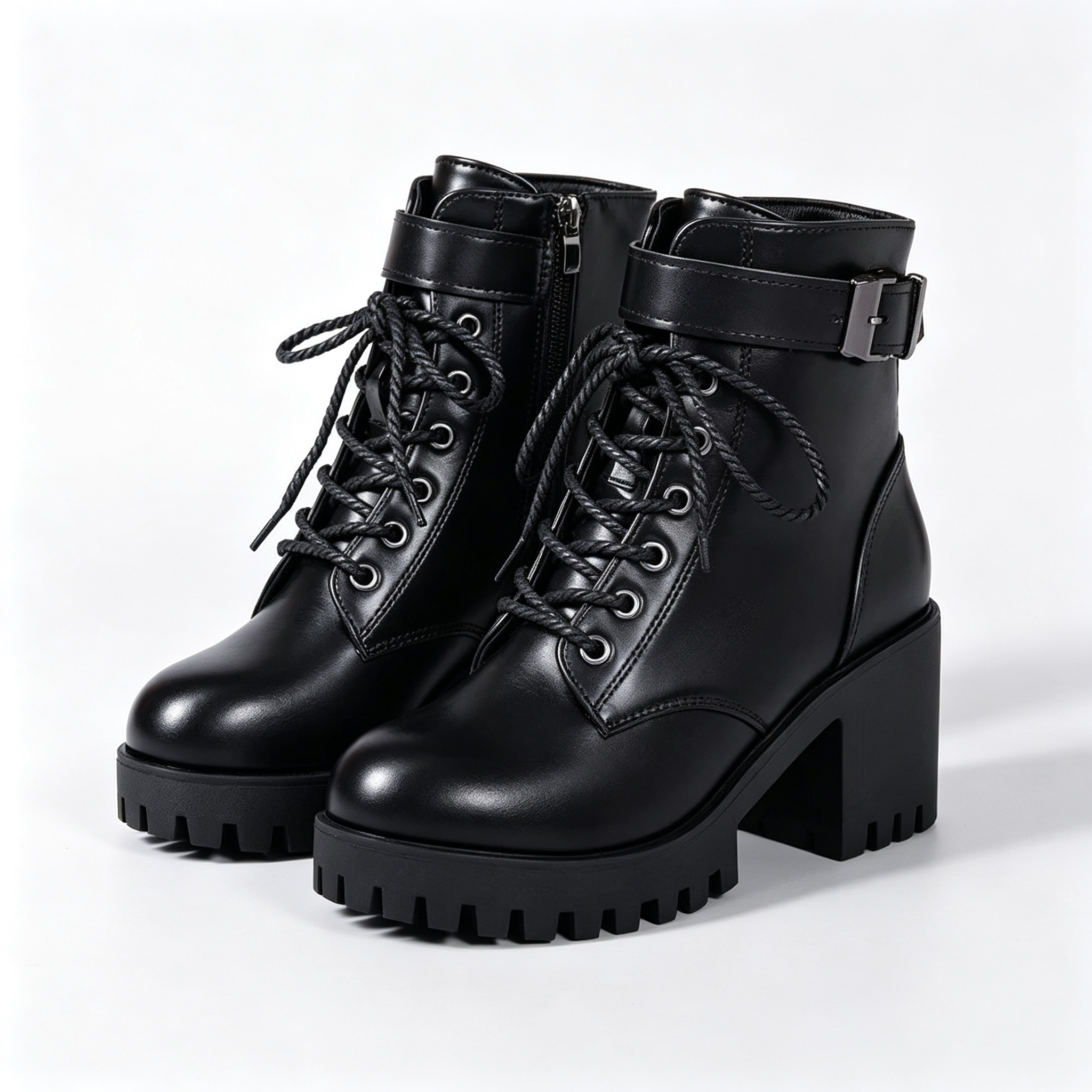 Black Leather Look Platform Martin Boots for Women, Side Zipper Block Heel Ankle Boots