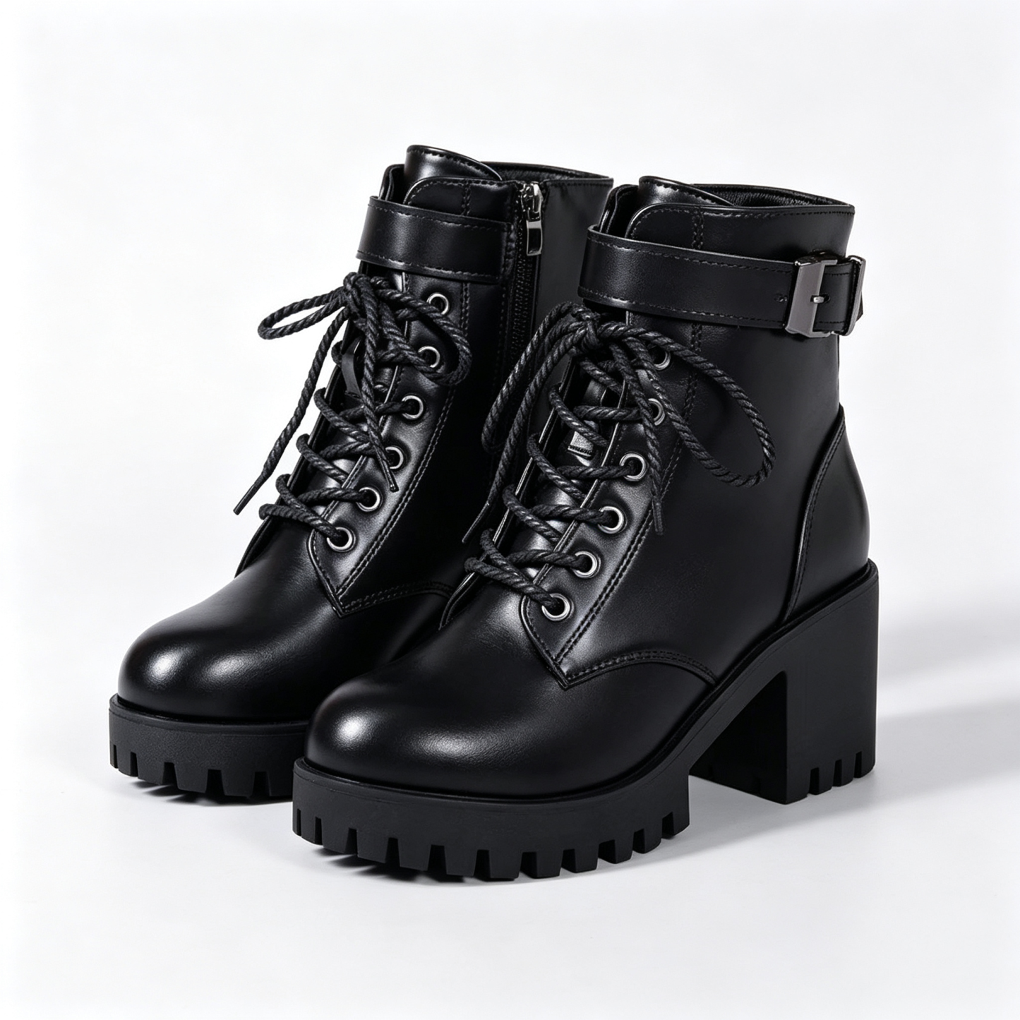 Black Leather Look Platform Martin Boots for Women, Side Zipper Block Heel Ankle Boots