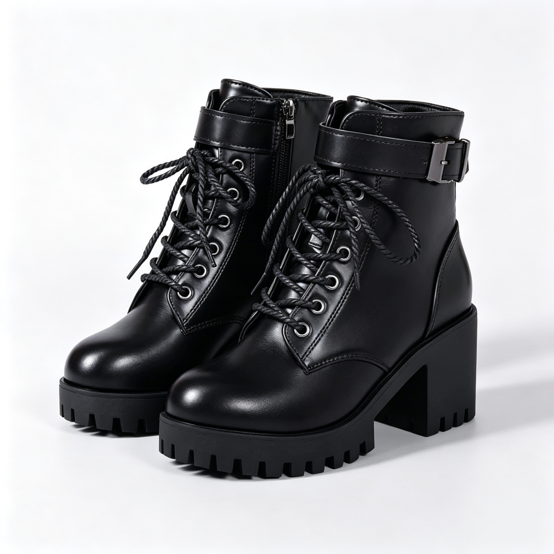 Black Leather Look Platform Martin Boots for Women, Side Zipper Block Heel Ankle Boots