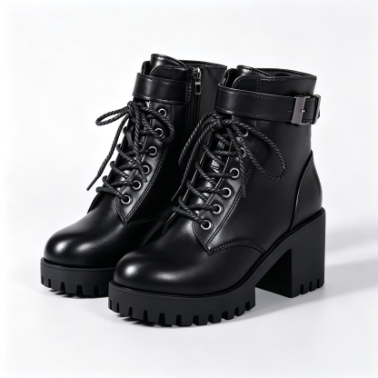 Black Leather Look Platform Martin Boots for Women, Side Zipper Block Heel Ankle Boots